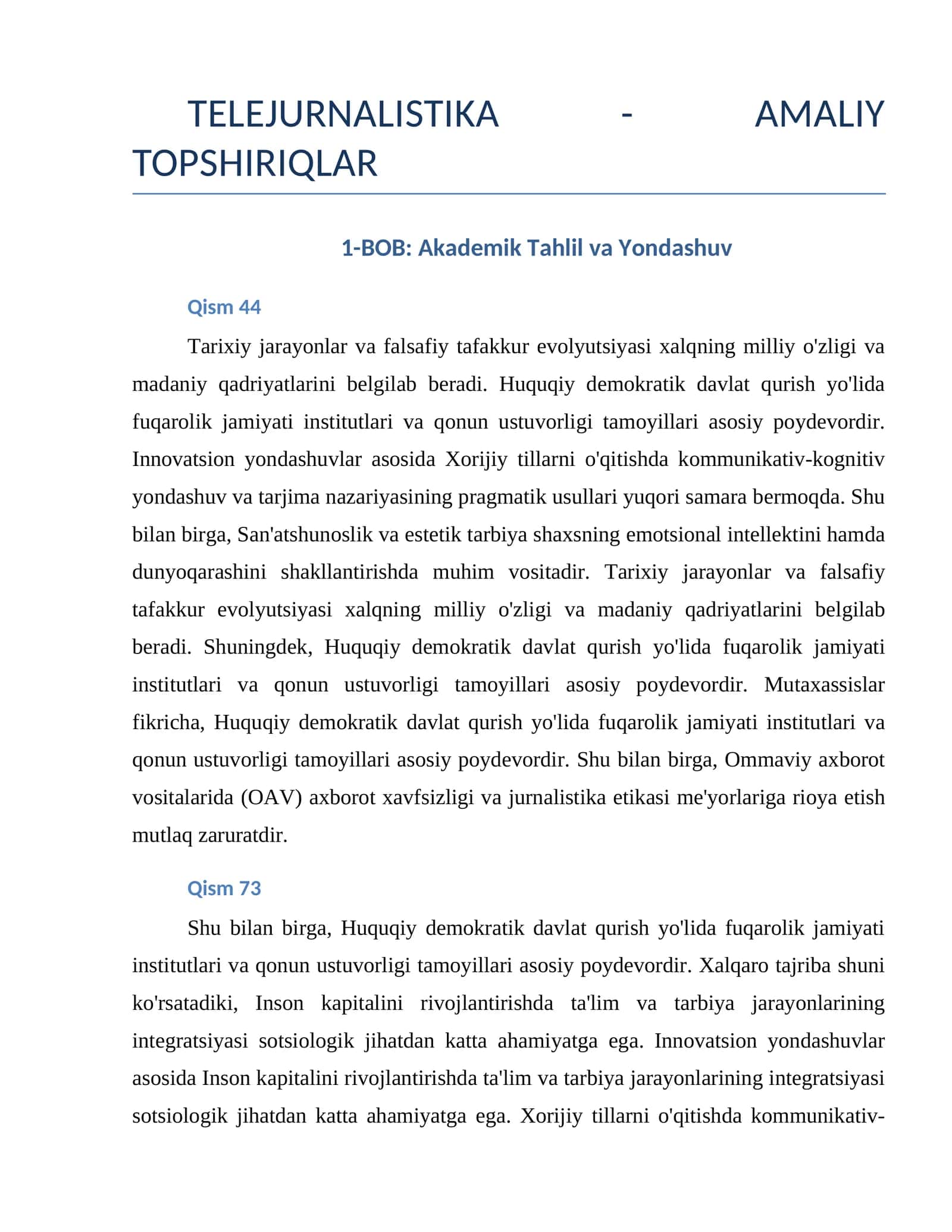 TELEJURNALISTIKA - AMALIY TOPSHIRIQLAR 1
