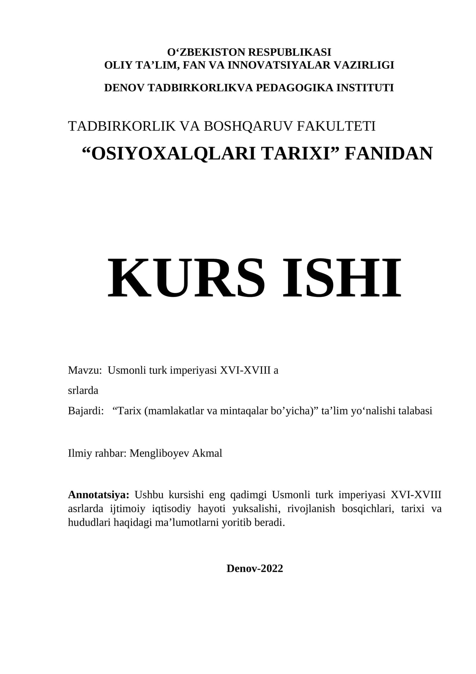 Usmonli turk imperiyasi XVI-XVIII asrlarda 1