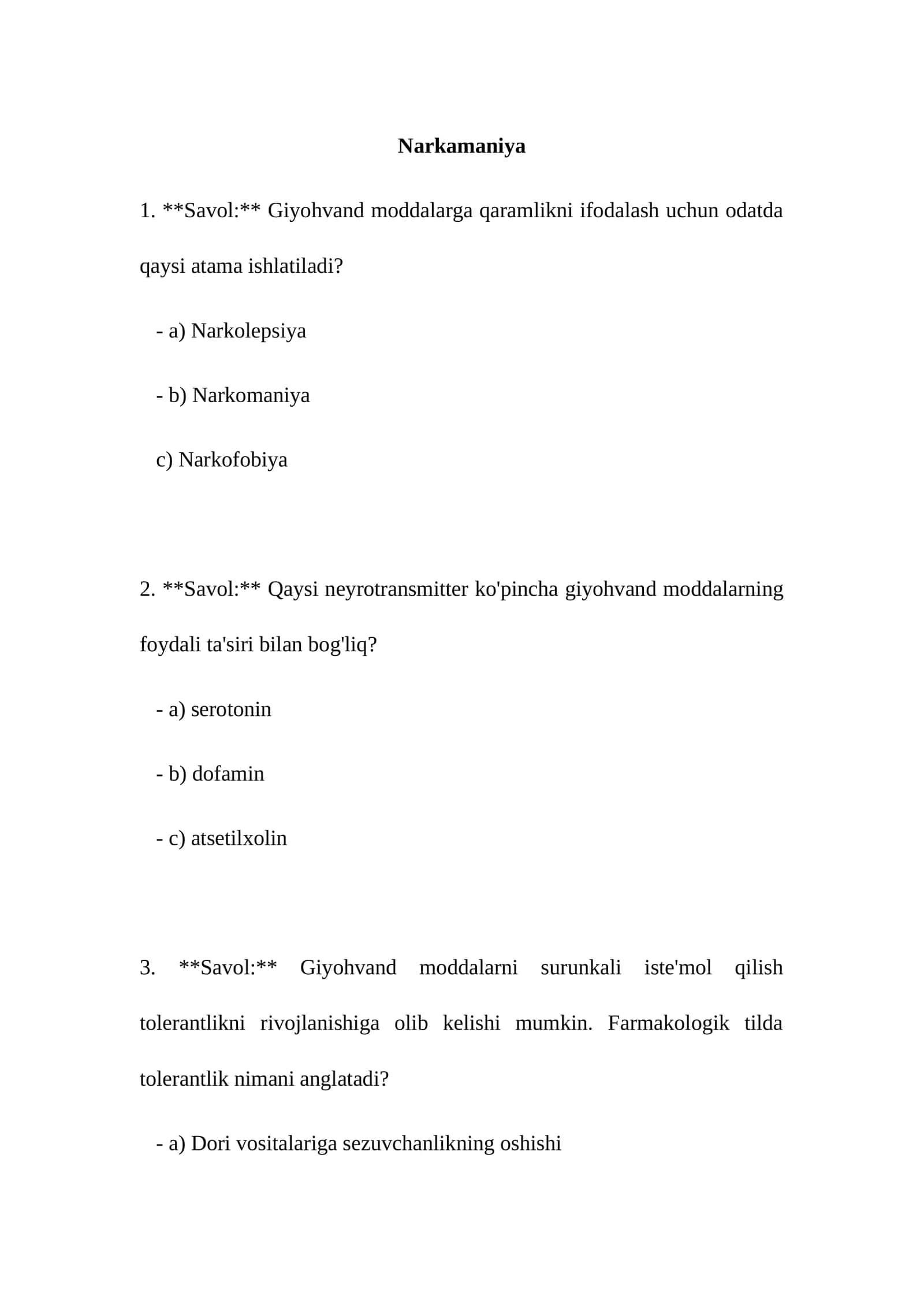 Narkamaniya mavzusida test 1