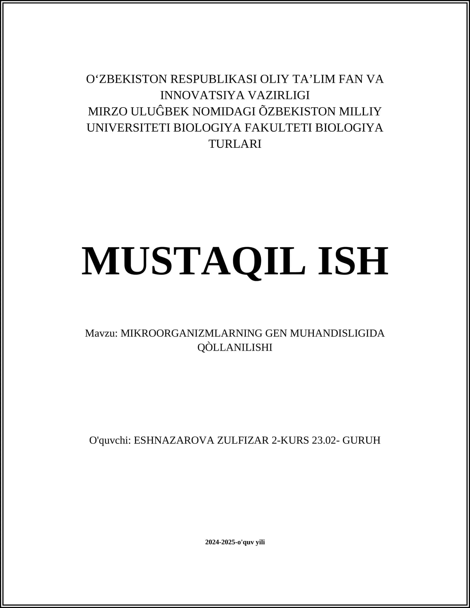 MIKROORGANIZMLARNING GEN MUHANDISLIGIDA QÒLLANILISHI 1