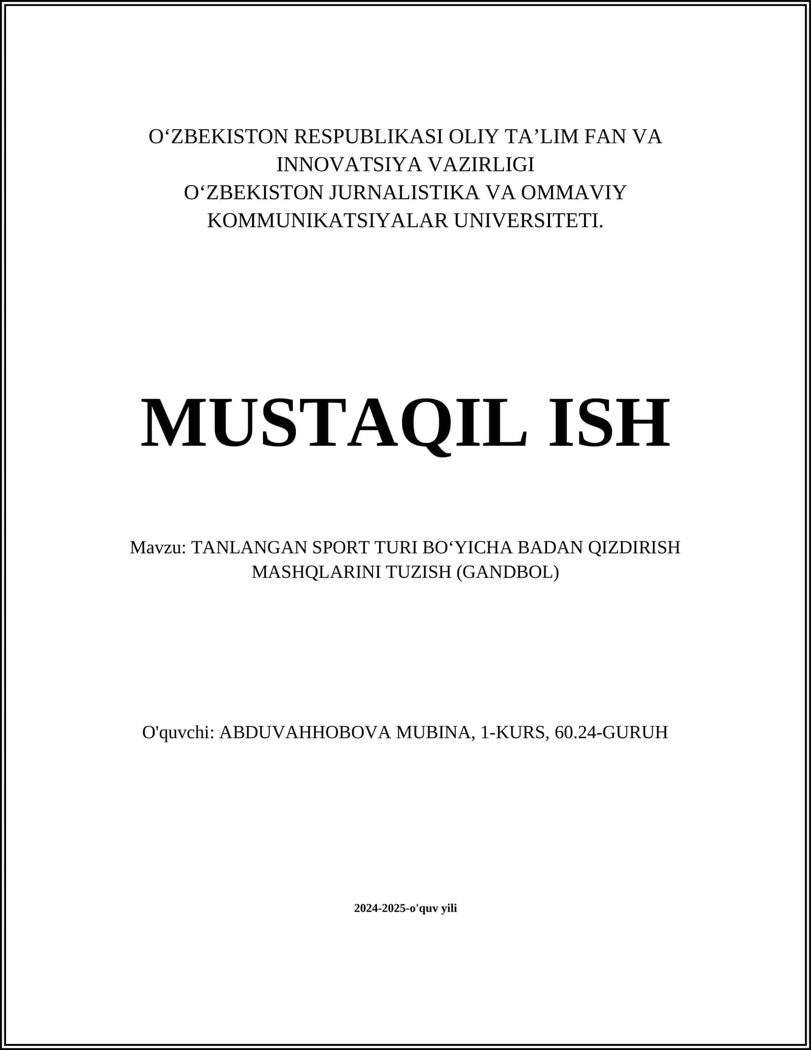 TANLANGAN SPORT TURI BO‘YICHA BADAN QIZDIRISH MASHQLARINI TUZISH (GANDBOL) 1