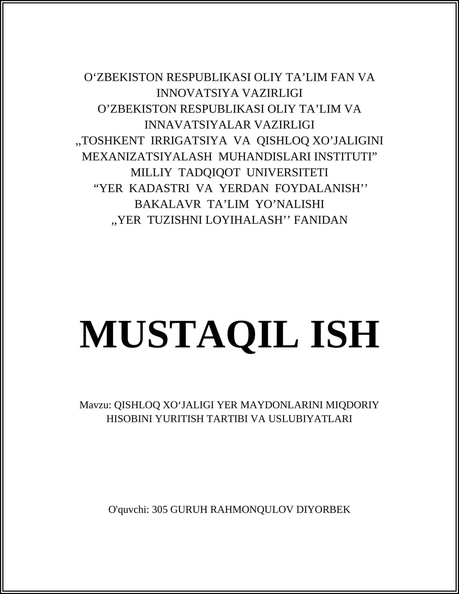 QISHLOQ XOʻJALIGI YER MAYDONLARINI MIQDORIY HISOBINI YURITISH TARTIBI VA USLUBIYATLARI 1
