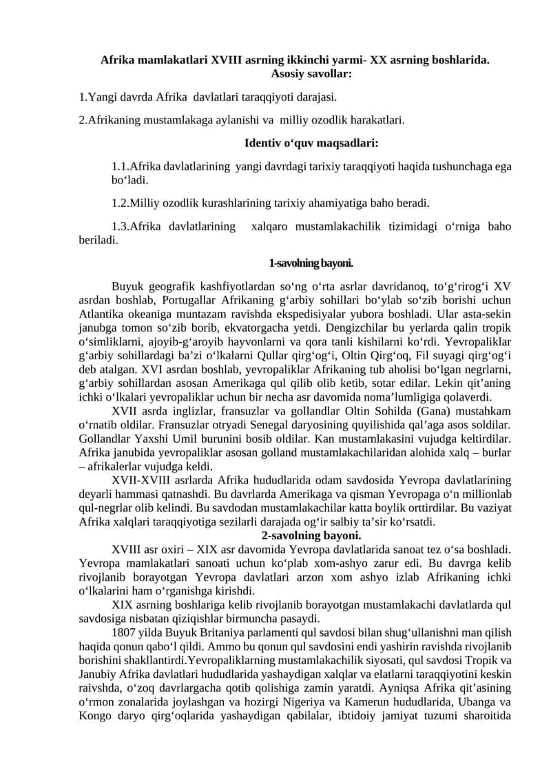 Afrika mamlakatlari XVIII asrning ikkinchi yarmi- XX asrning boshlarida 1