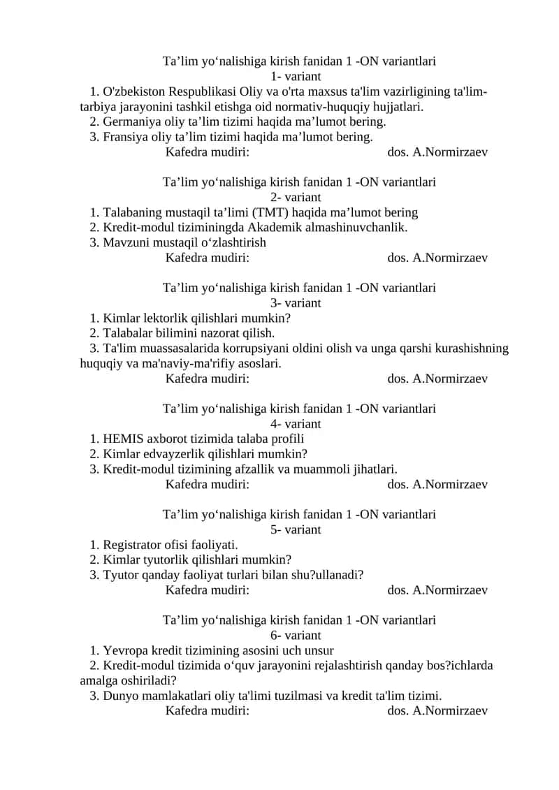 Ta’lim yo‘nalishiga kirish fanidan 1 -ON variantlari 1