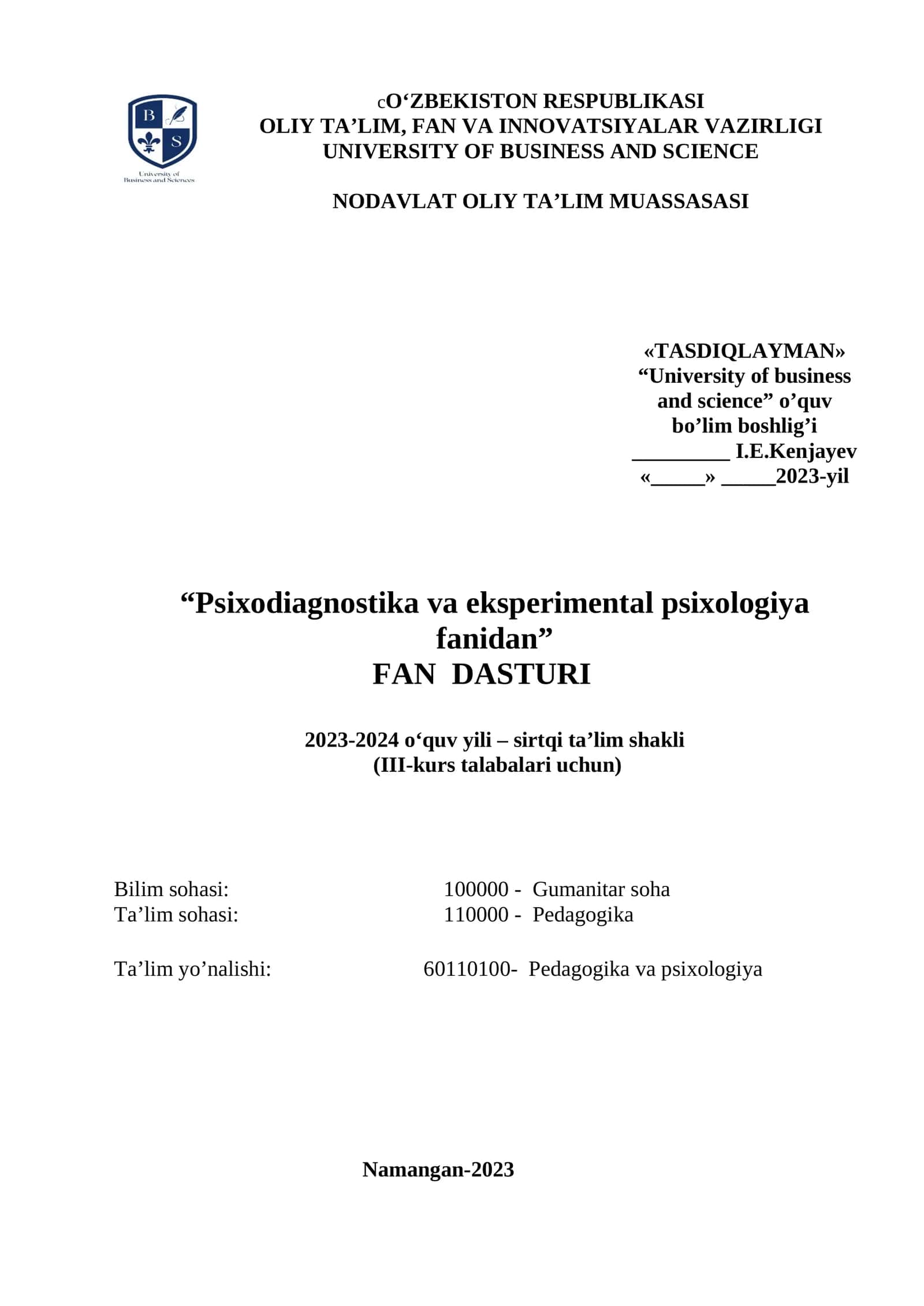 Psixodiagnostika va eksperimental psixologiya fanidan fan dasturi 1