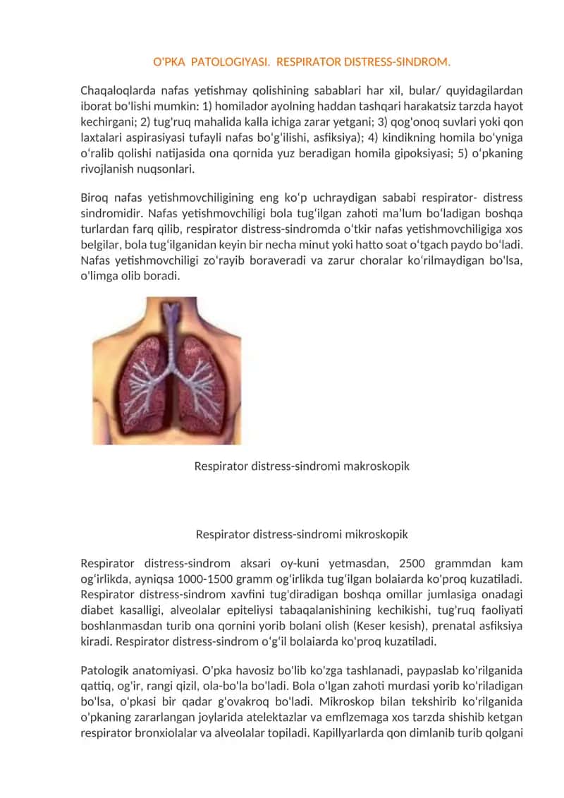 O'PKA PATOLOGIYASI. RESPIRATOR DISTRESS-SINDROM 1