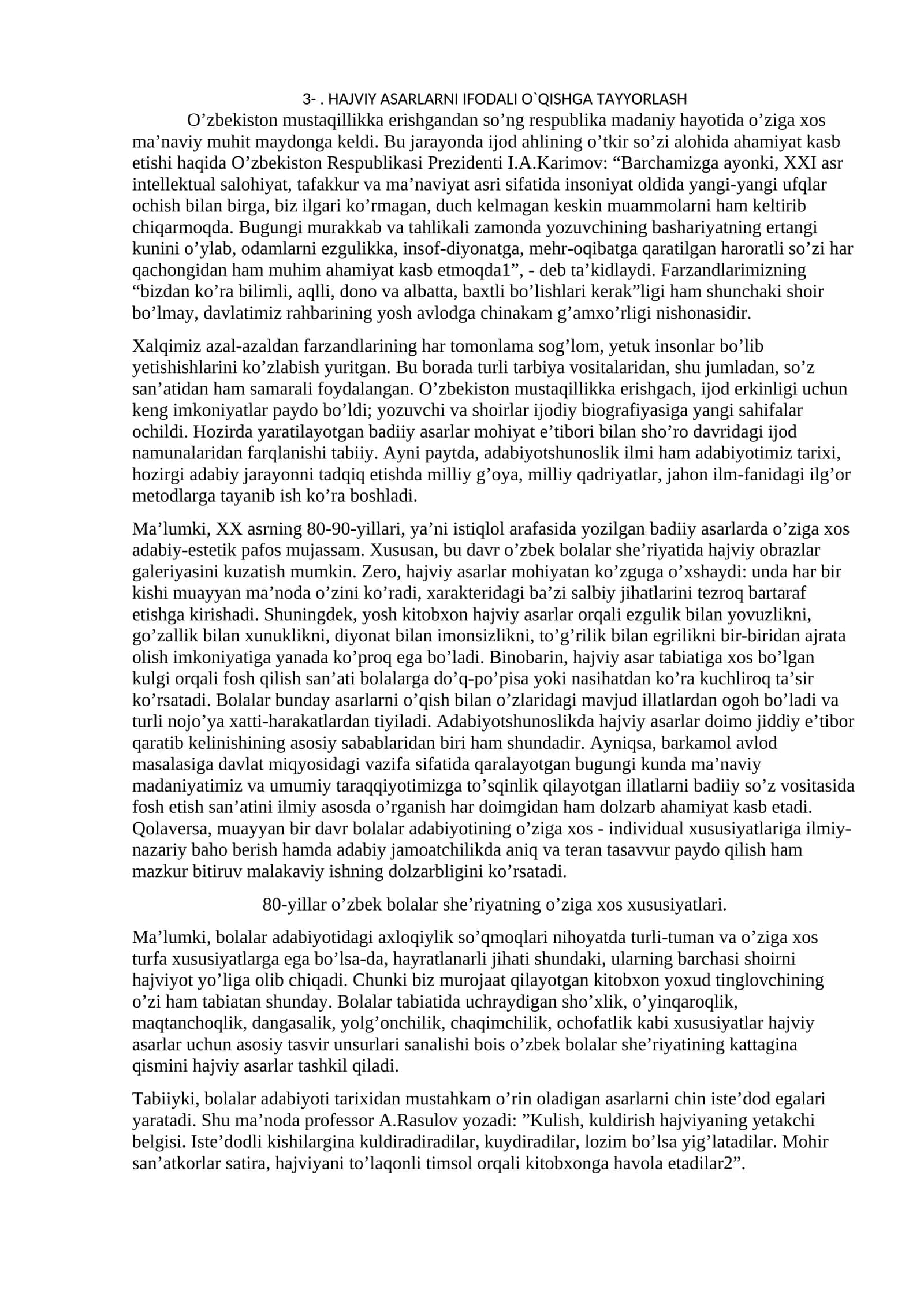 HAJVIY ASARLARNI IFODALI O`QISHGA TAYYORLASH 1