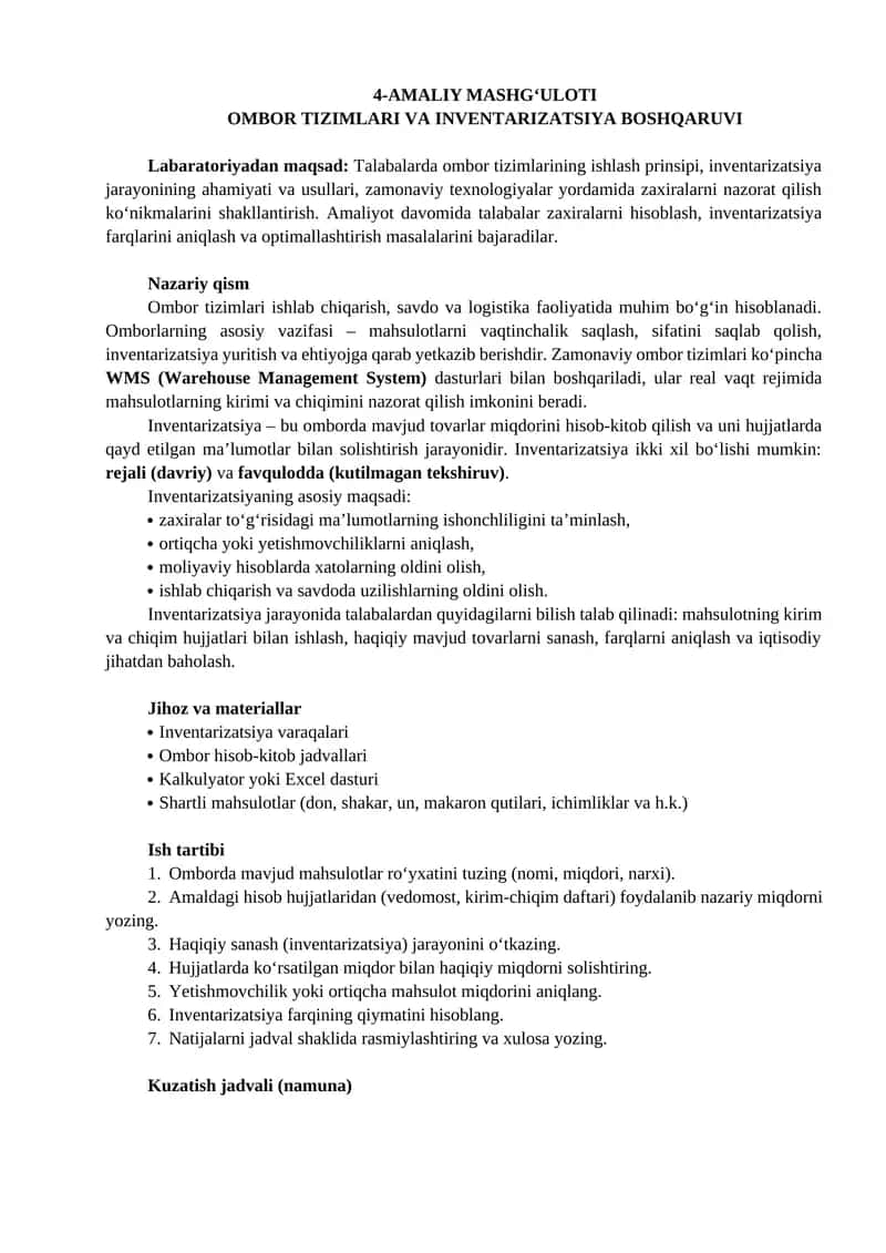 Ombor Tizimlari va Inventarizatsiya Boshqaruv 1