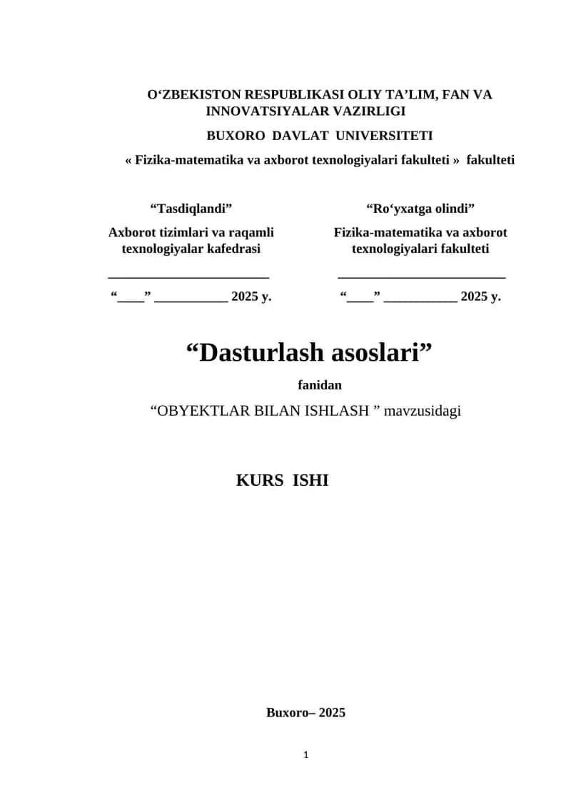 OBYEKTLAR BILAN ISHLASH KURS ISHI 1