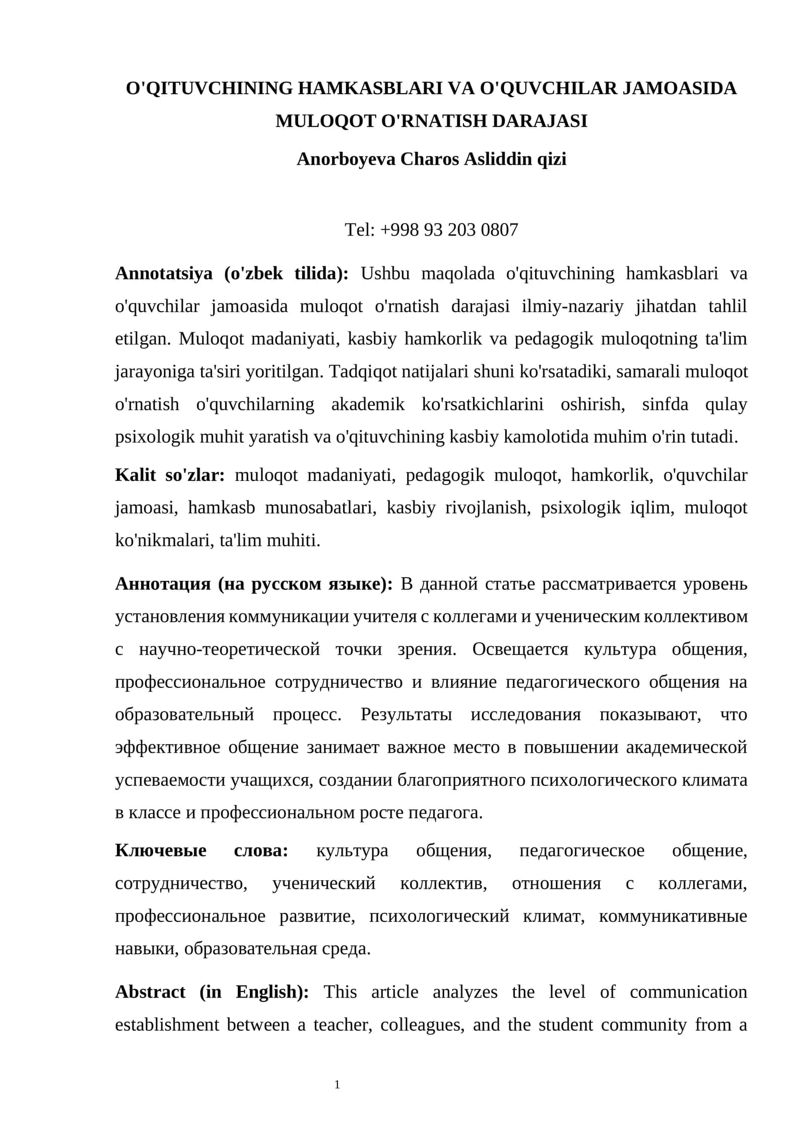 MULOQOT O'RNATISH DARAJASI 1
