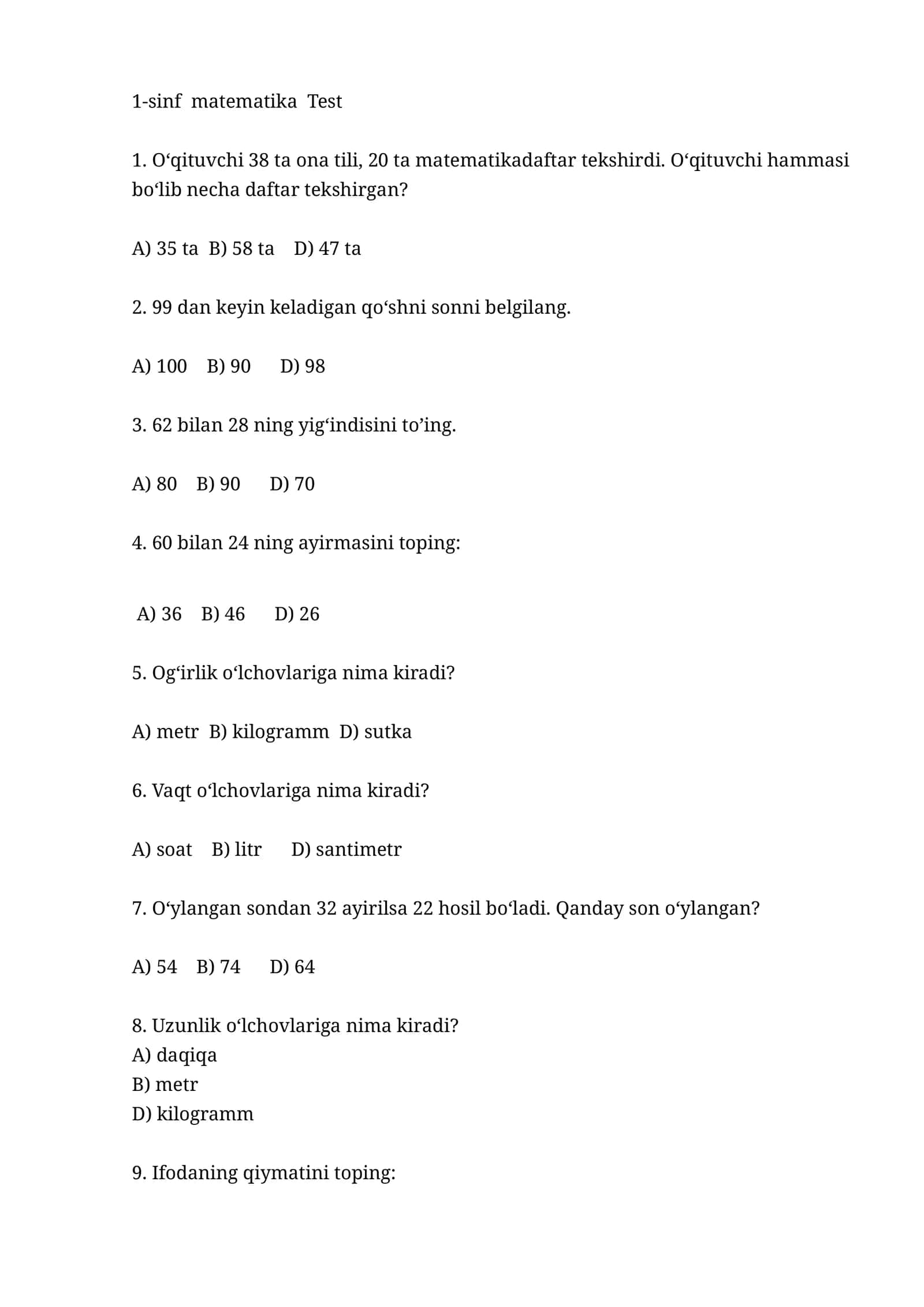 1-sinf matematika Test 1