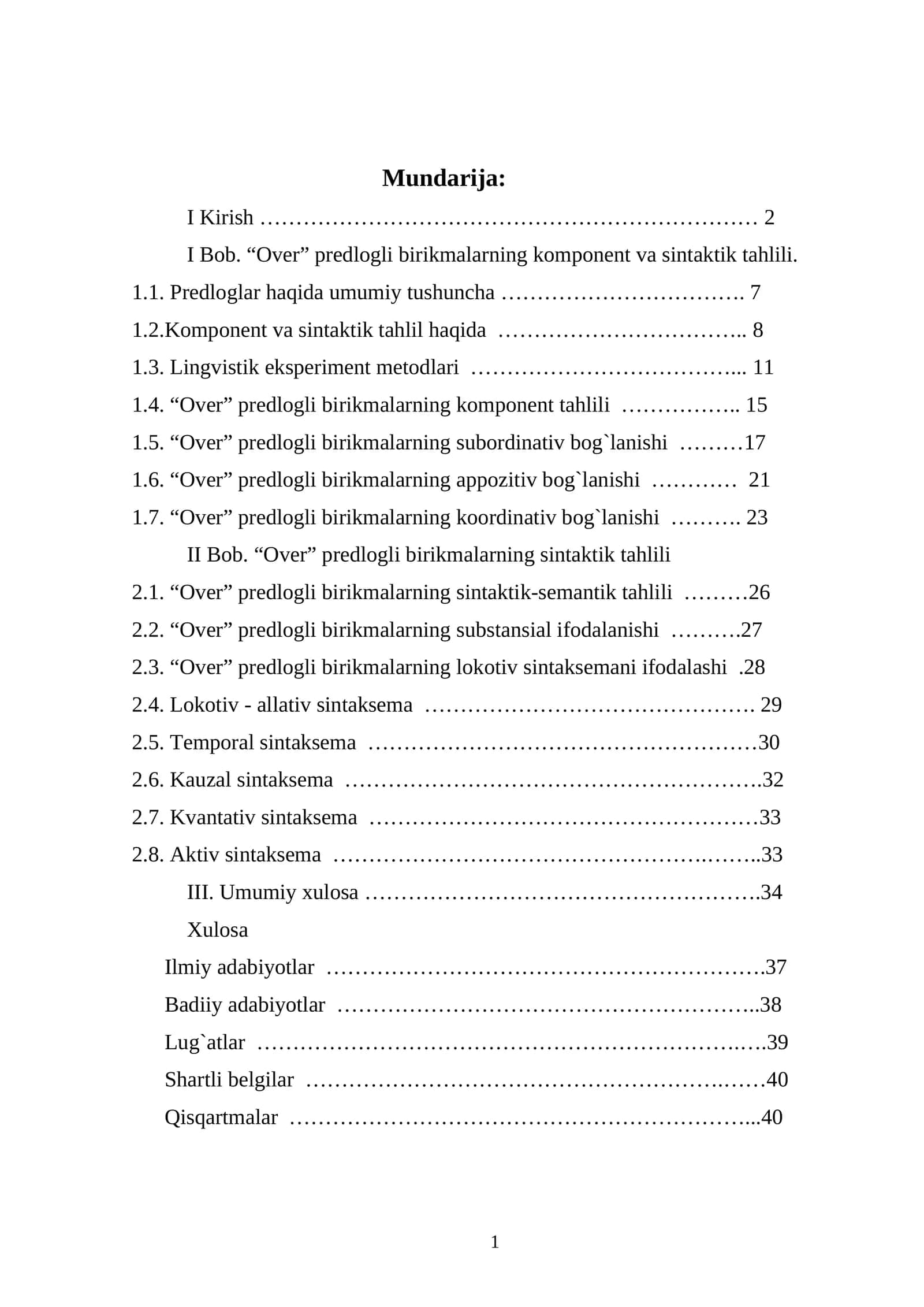 “Over” predlogli birikmalarning komponent va sintaktik tahlili 1