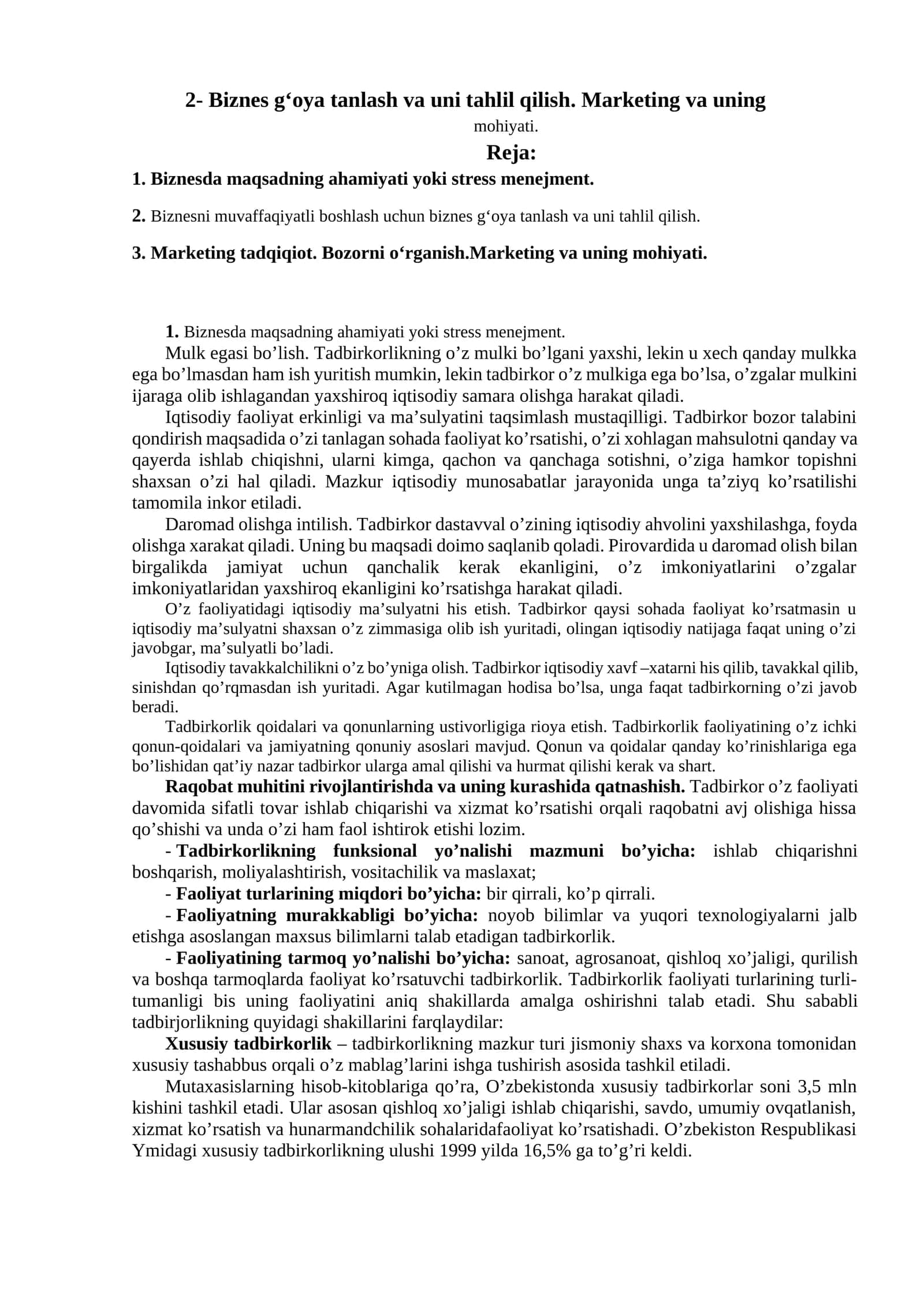 Biznes g‘oya tanlash va uni tahlil qilish. Marketing va uning mohiyati 1