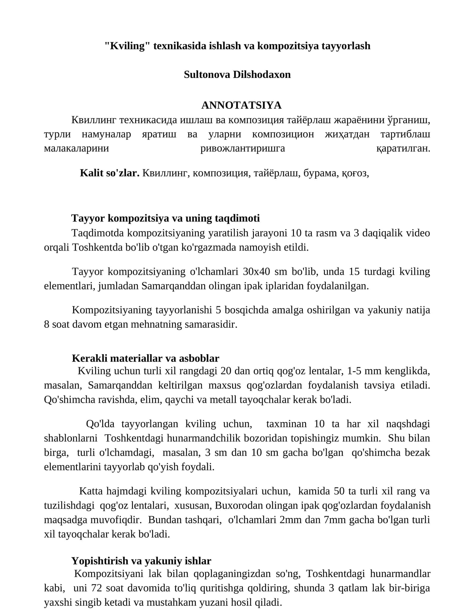 "Kviling" texnikasida ishlash va kompozitsiya tayyorlash 1