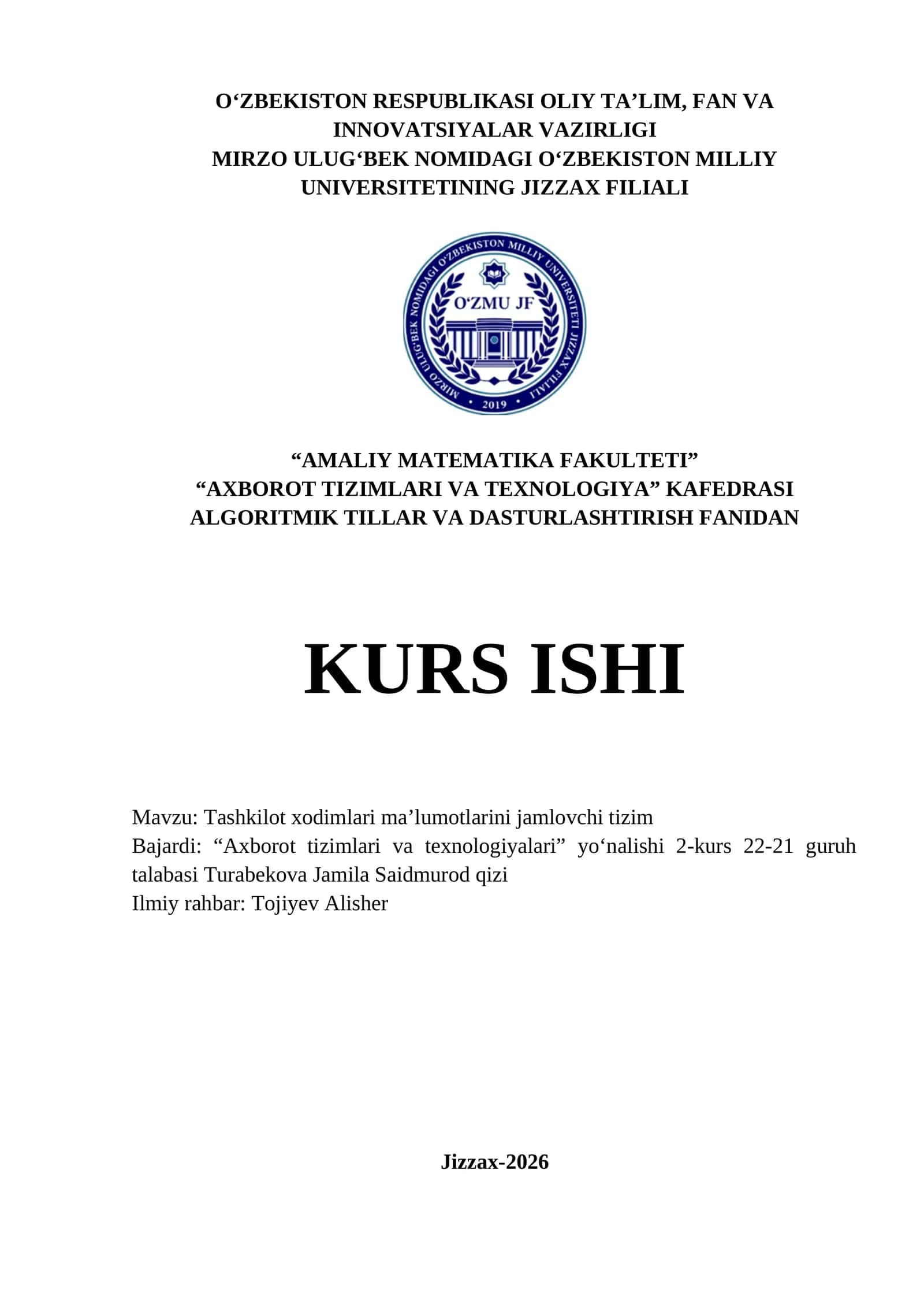 Tashkilot xodimlari ma’lumotlarini jamlovchi tizim 1