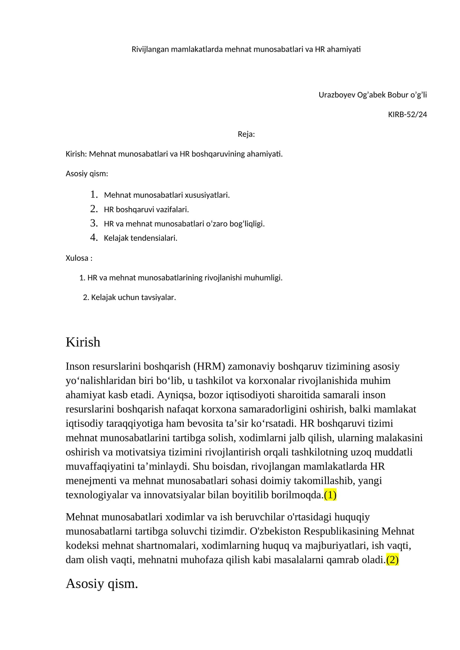 Mehnat munosabatlari va HR ahamiyati 1