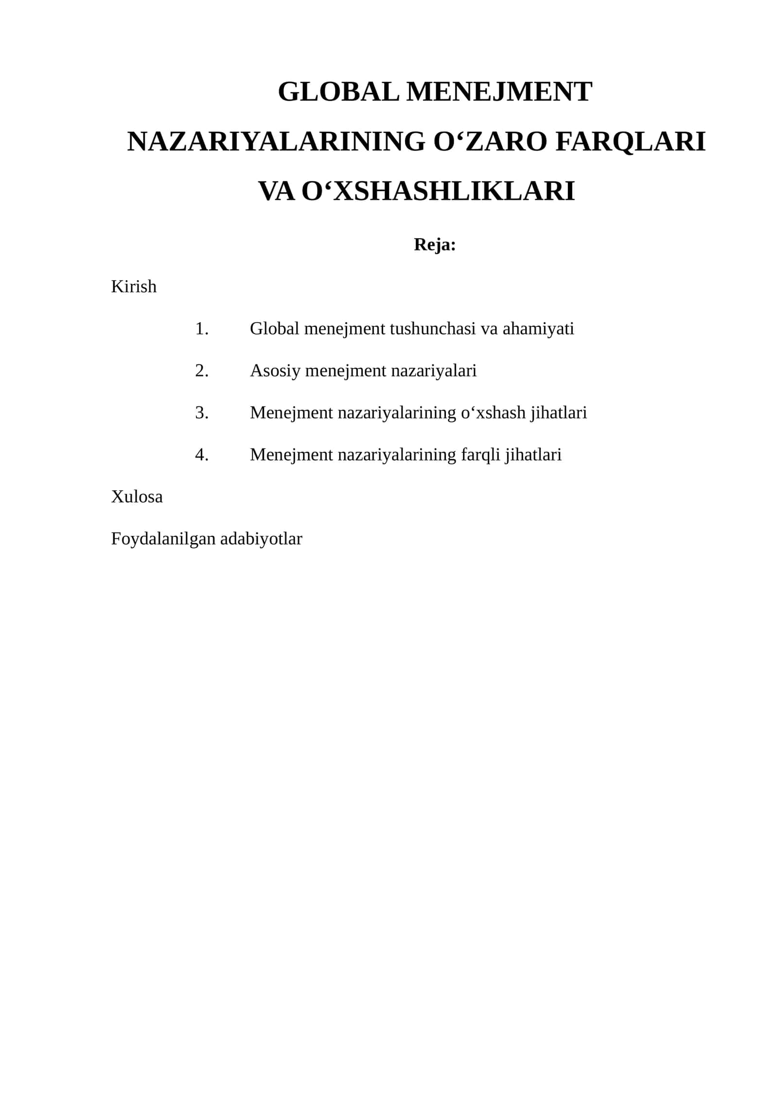 GLOBAL MENEJMENT NAZARIYALARINING O‘ZARO FARQLARI VA O‘XSHASHLIKLARI 1
