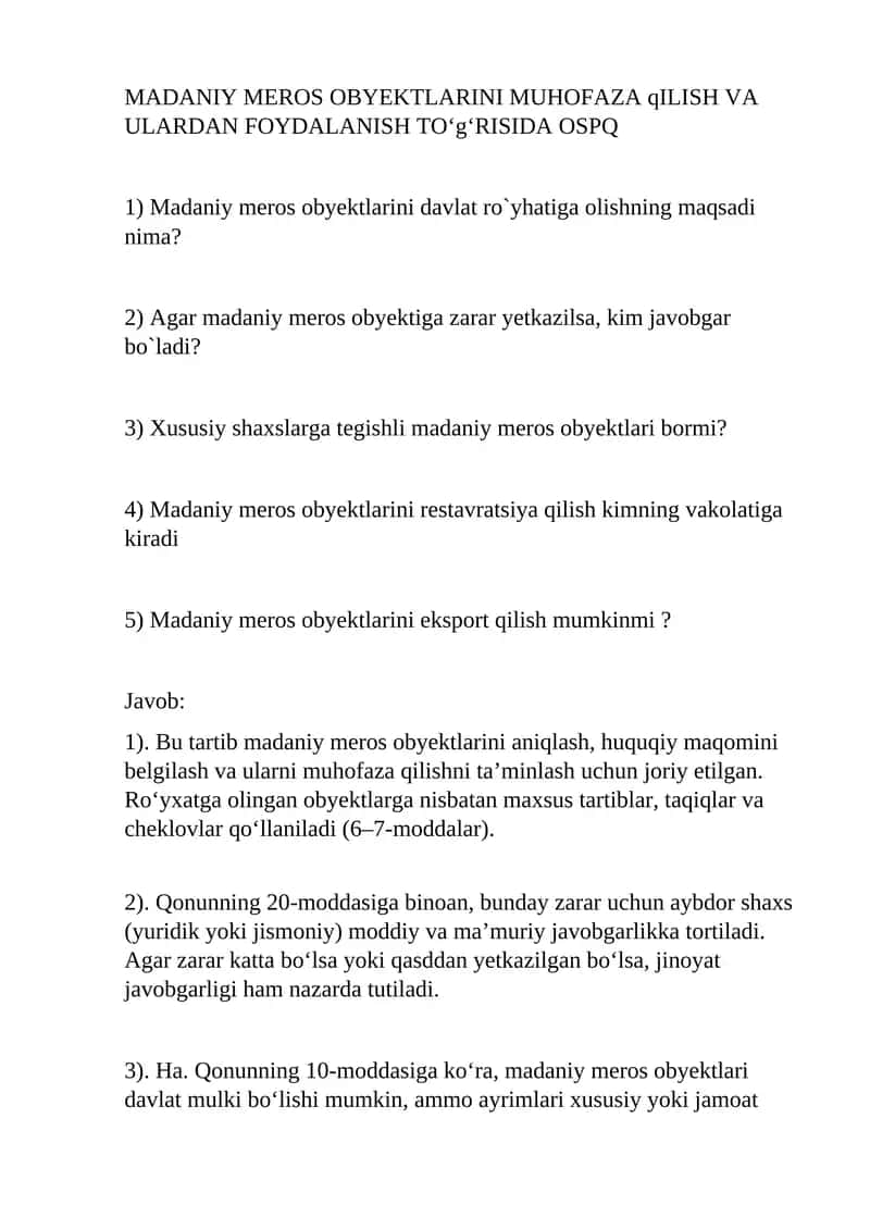 Madaniy meros obyektlarini muhofaza qilish va ulardan foydalanish toʻgʻrisida ospq 1