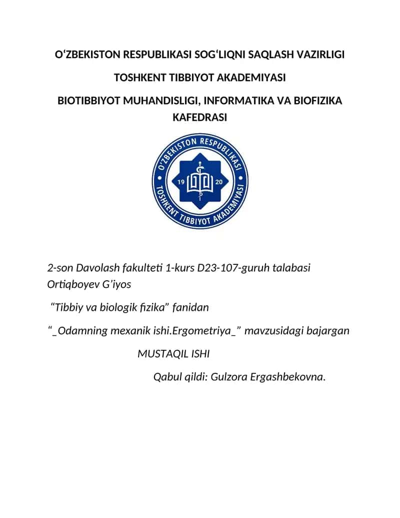 Odamning mexanik ishi.Ergometriya 1