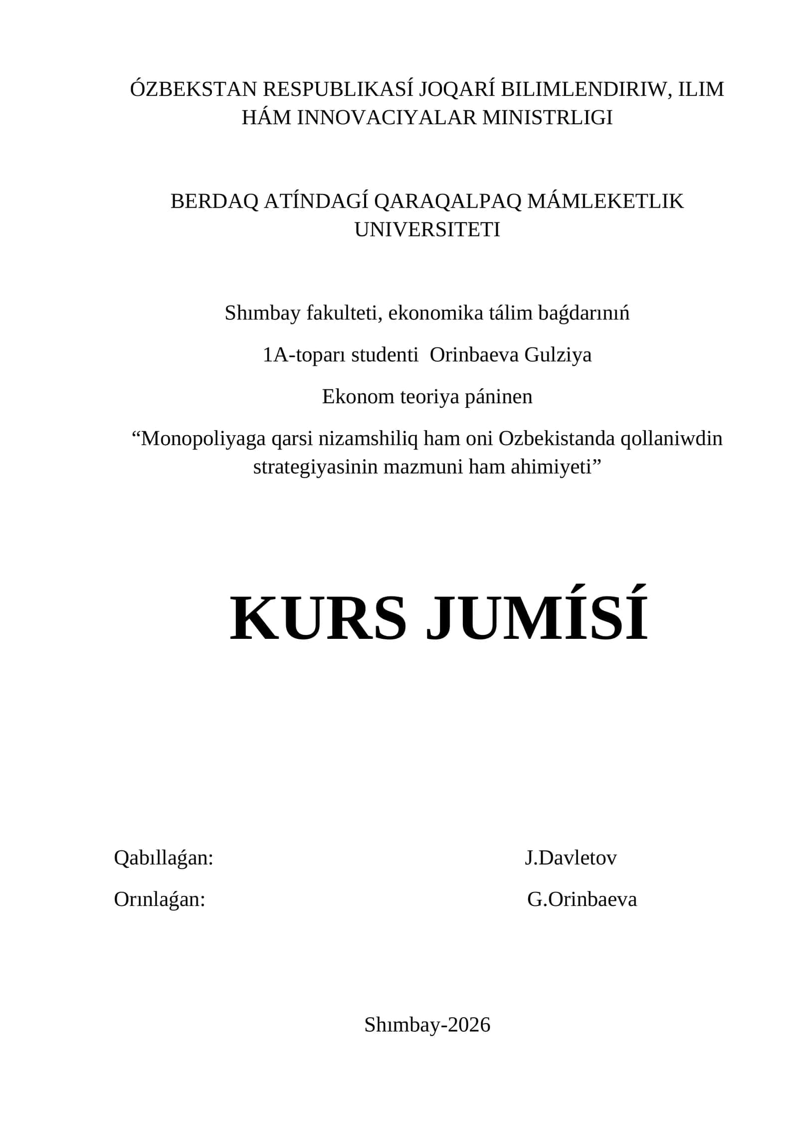 Monopoliyaga qarsi nizamshiliq ham oni Ozbekistanda qollaniwdin strategiyasinin mazmuni ham ahimiyeti 1