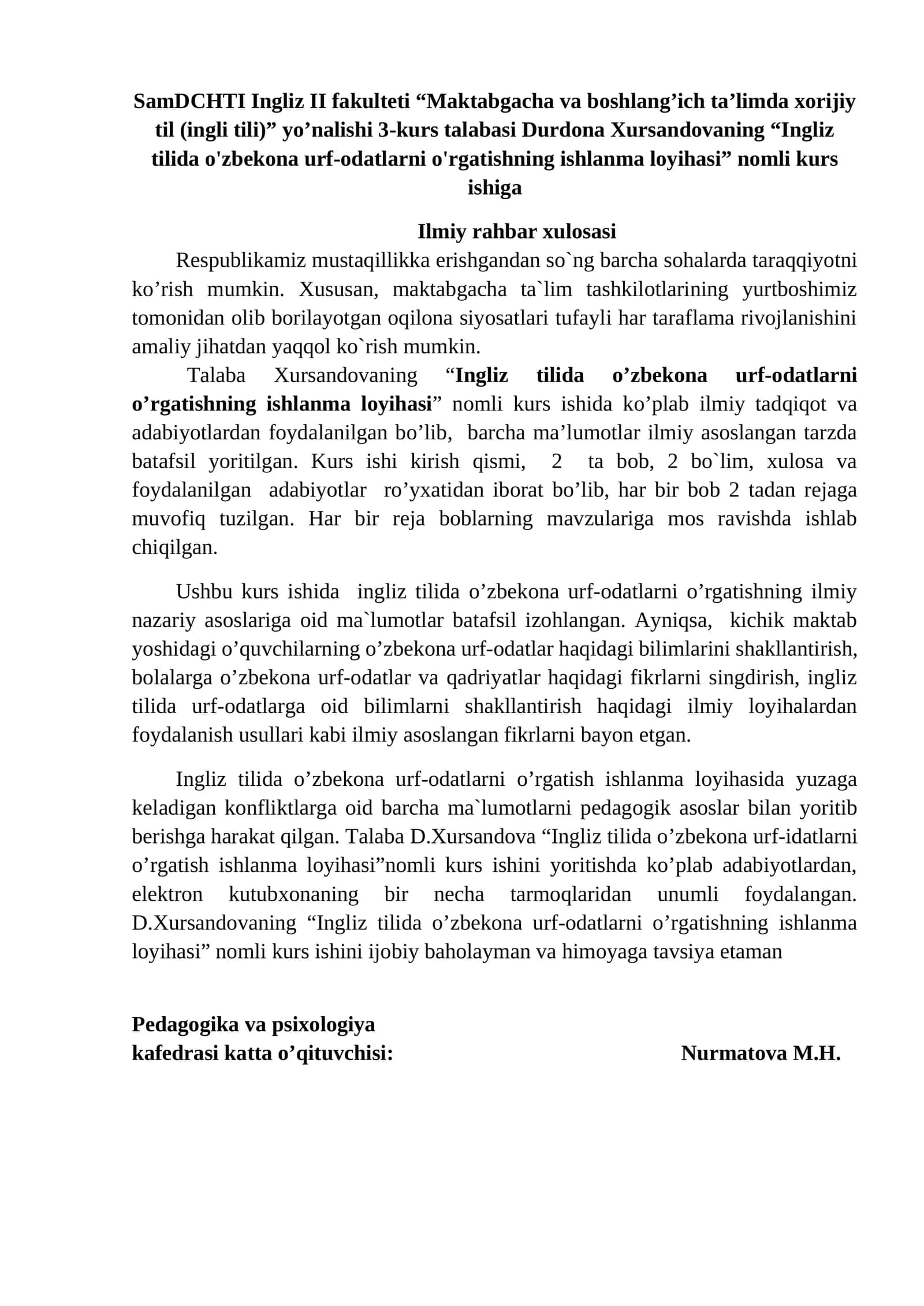 "Ingliz tilida o'zbekona urf-odatlarni o'rgatishning ishlanma loyihasi" 1