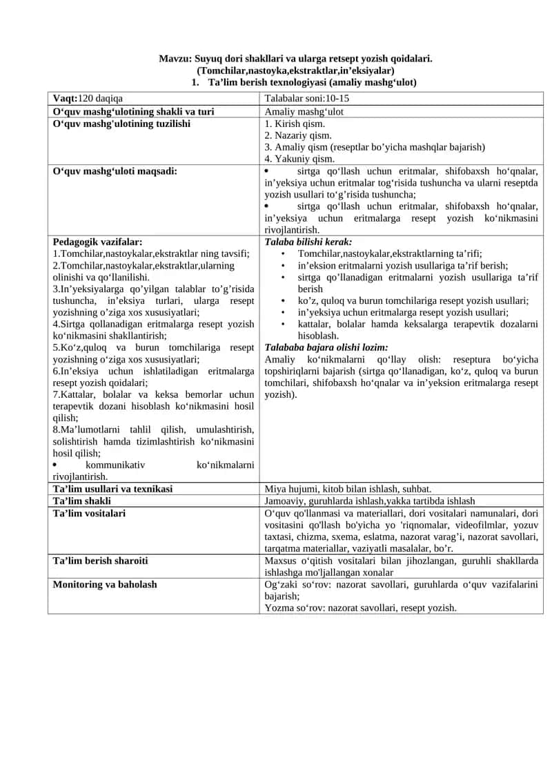Suyuq dori shakllari va ularga retsept yozish qoidalari.(Tomchilar,nastoyka,ekstraktlar,in’eksiyalar) 1
