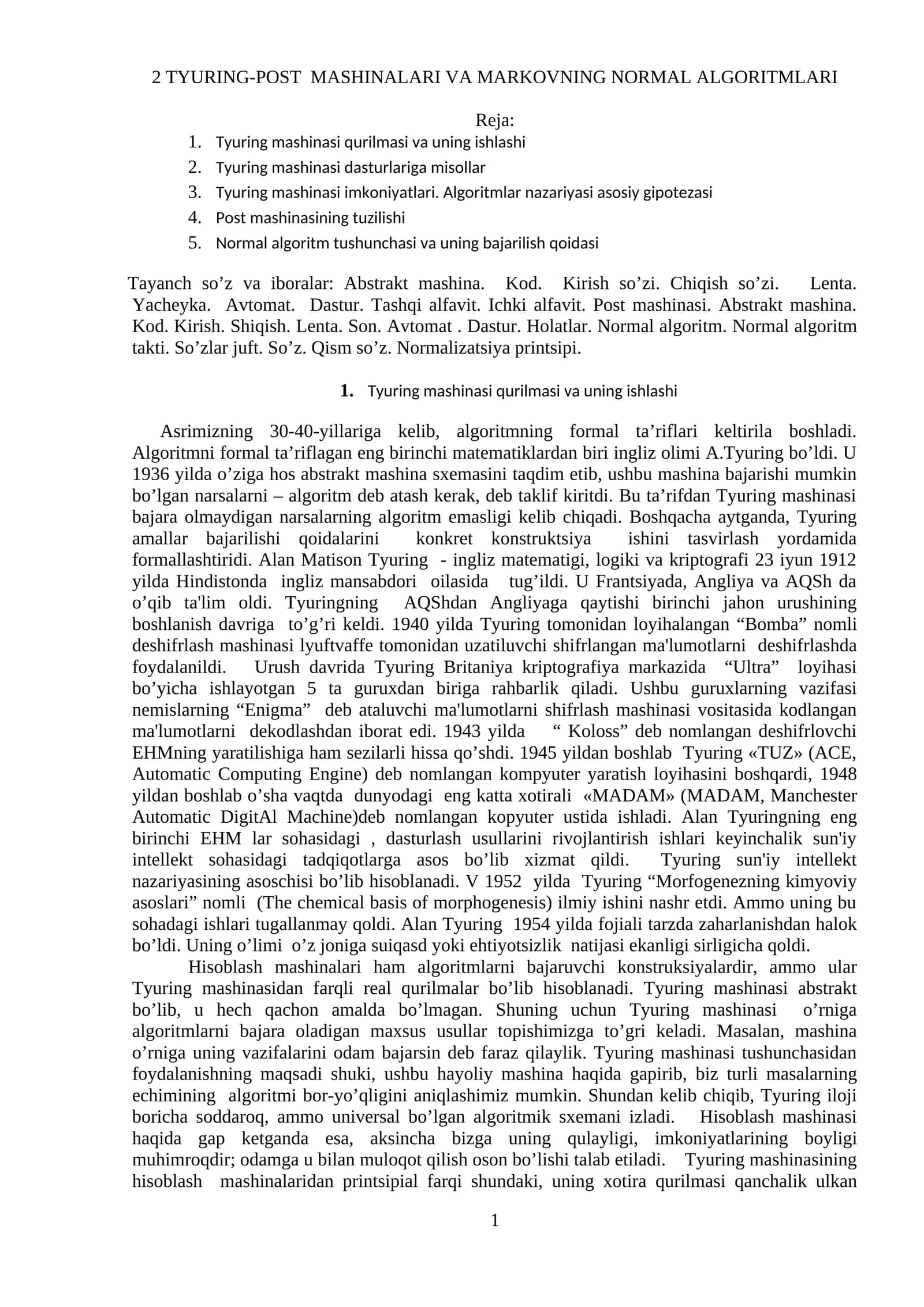 TYURING-POST MASHINALARI VA MARKOVNING NORMAL ALGORITMLARI 1