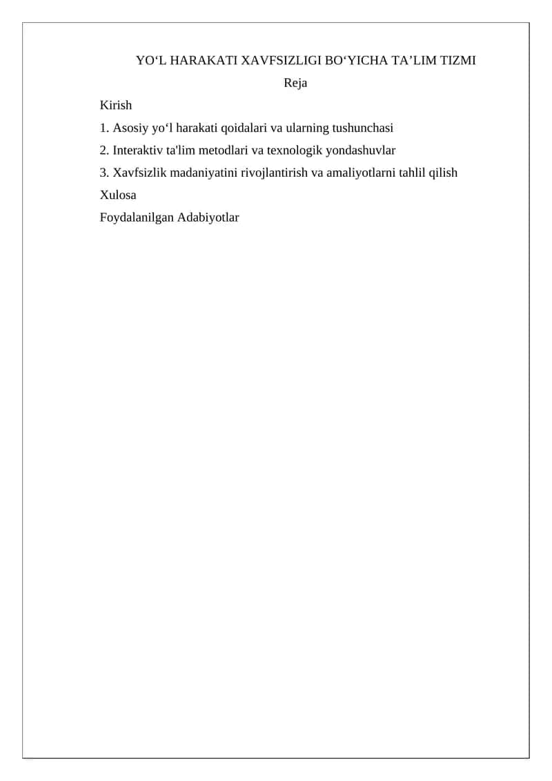 YOʻL HARAKATI XAVFSIZLIGI BOʻYICHA TAʼLIM TIZMI 1