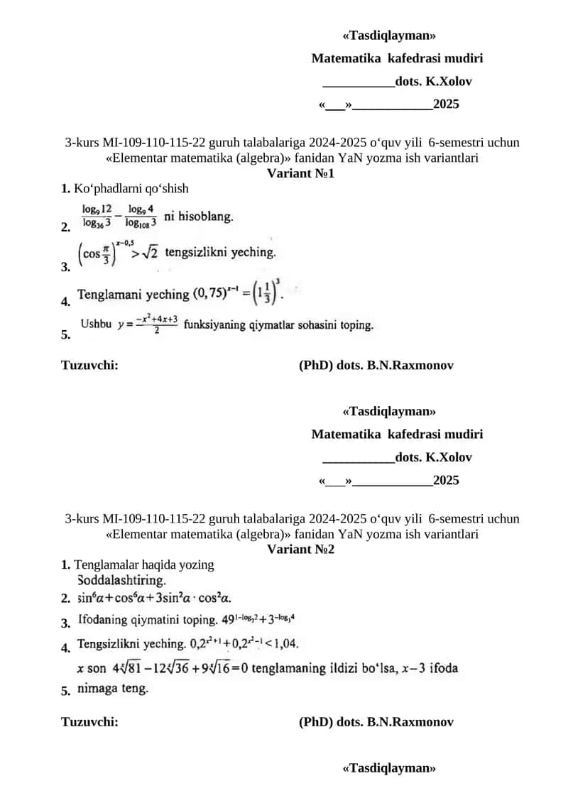 Elementar matematika (algebra) fanidan YaN yozma ish variantlari 1