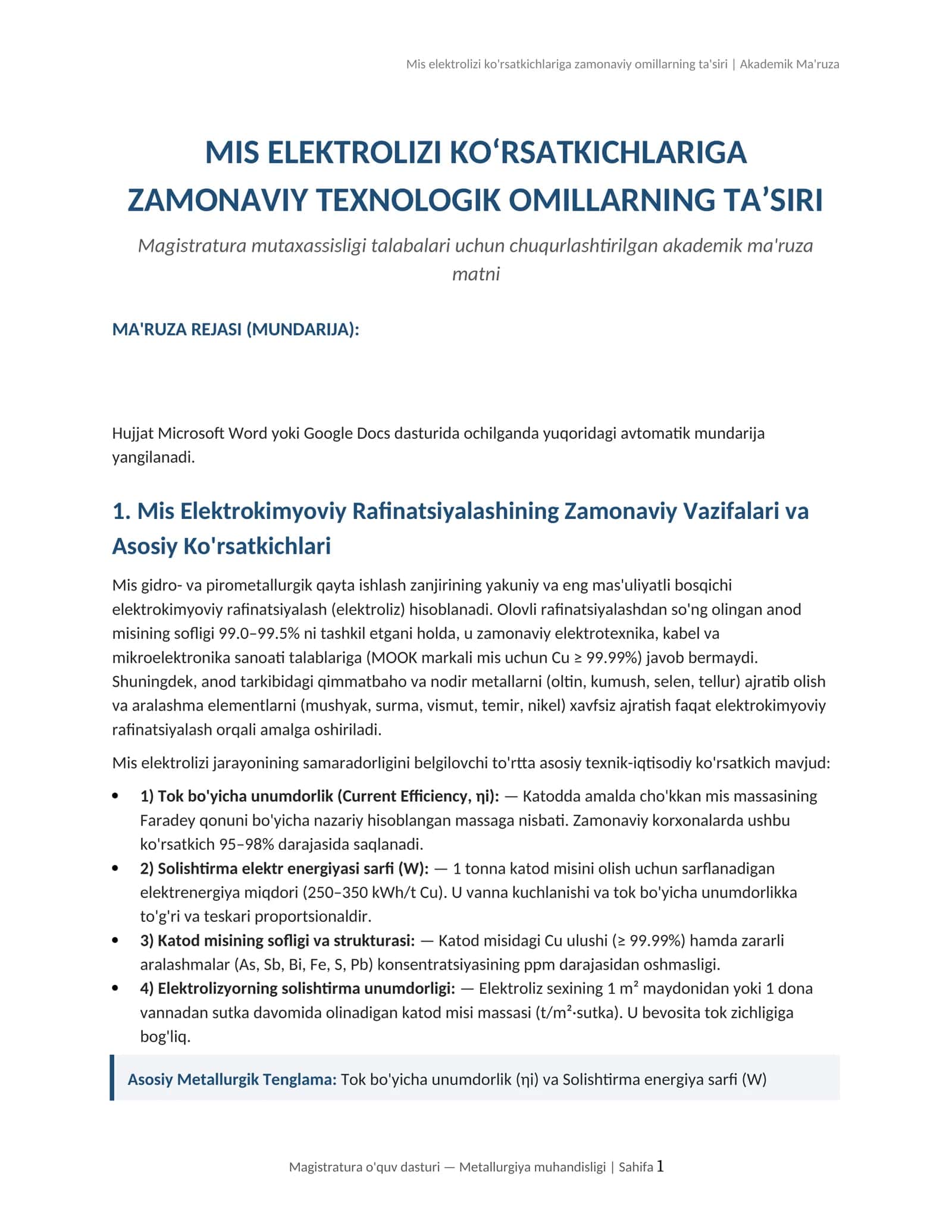 Mis elektrolizi ko'rsatkichlariga zamonaviy omillarning ta'siri 1