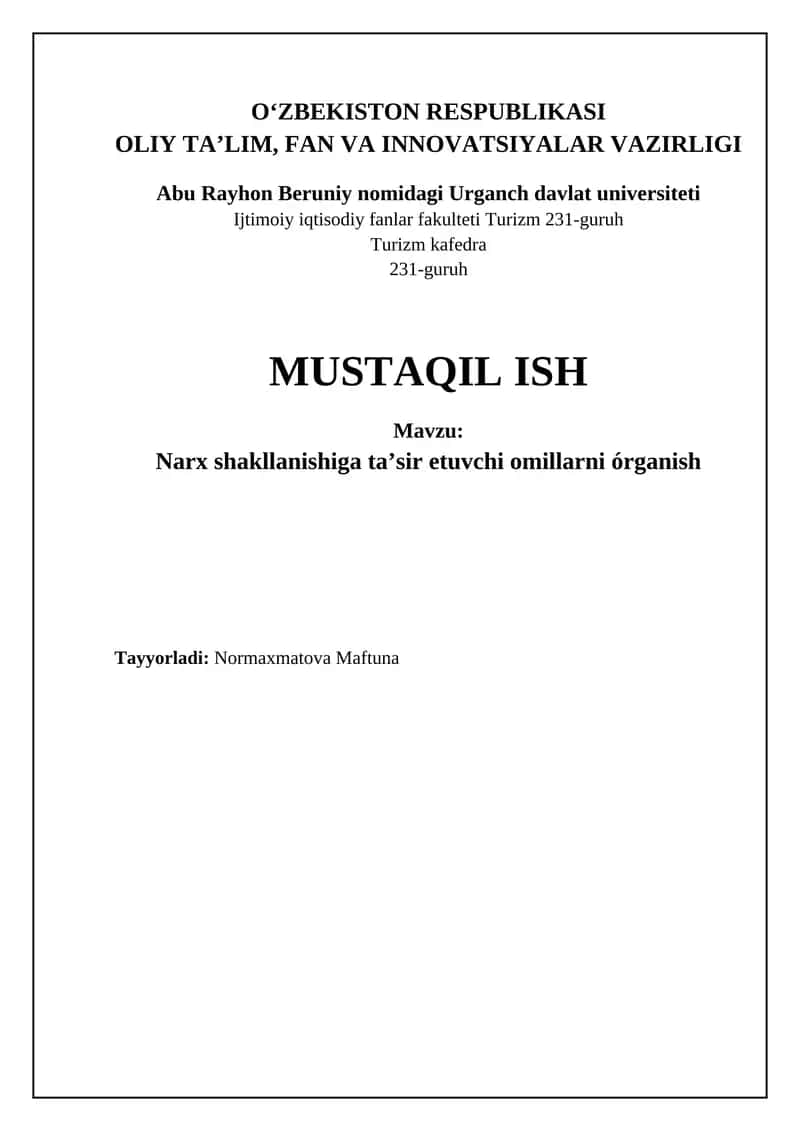 Narx shakllanishiga ta’sir etuvchi omillarni órganish 1