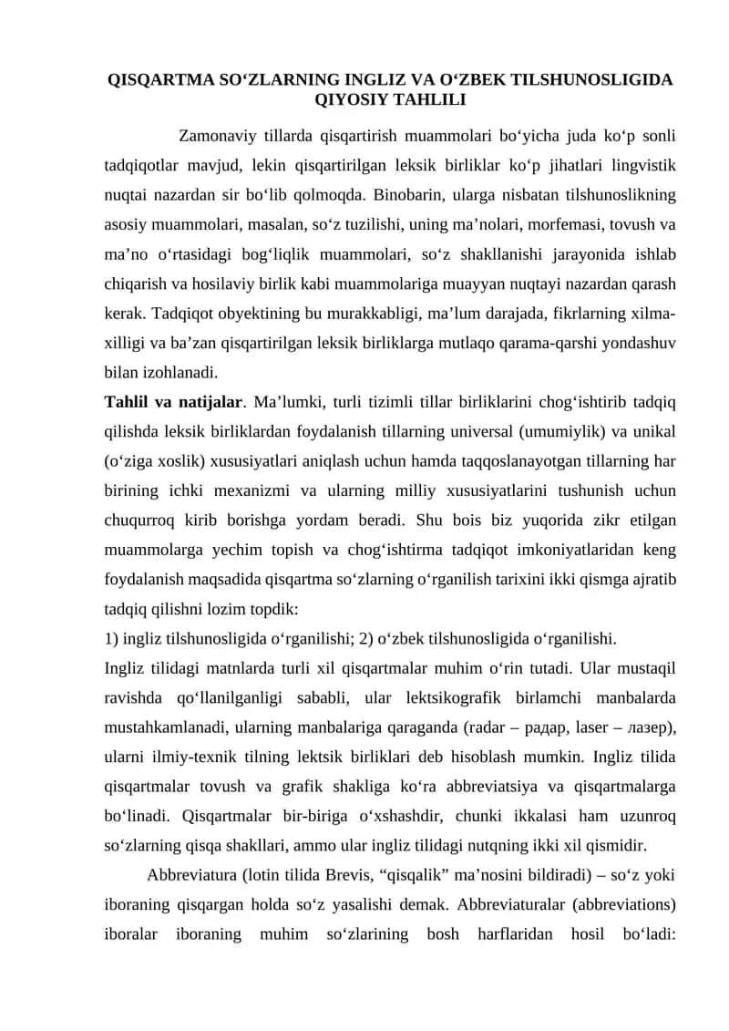 Qisqartma so‘zlarning ingliz va o‘zbek tilshunosligida qiyosiy tahlili 1