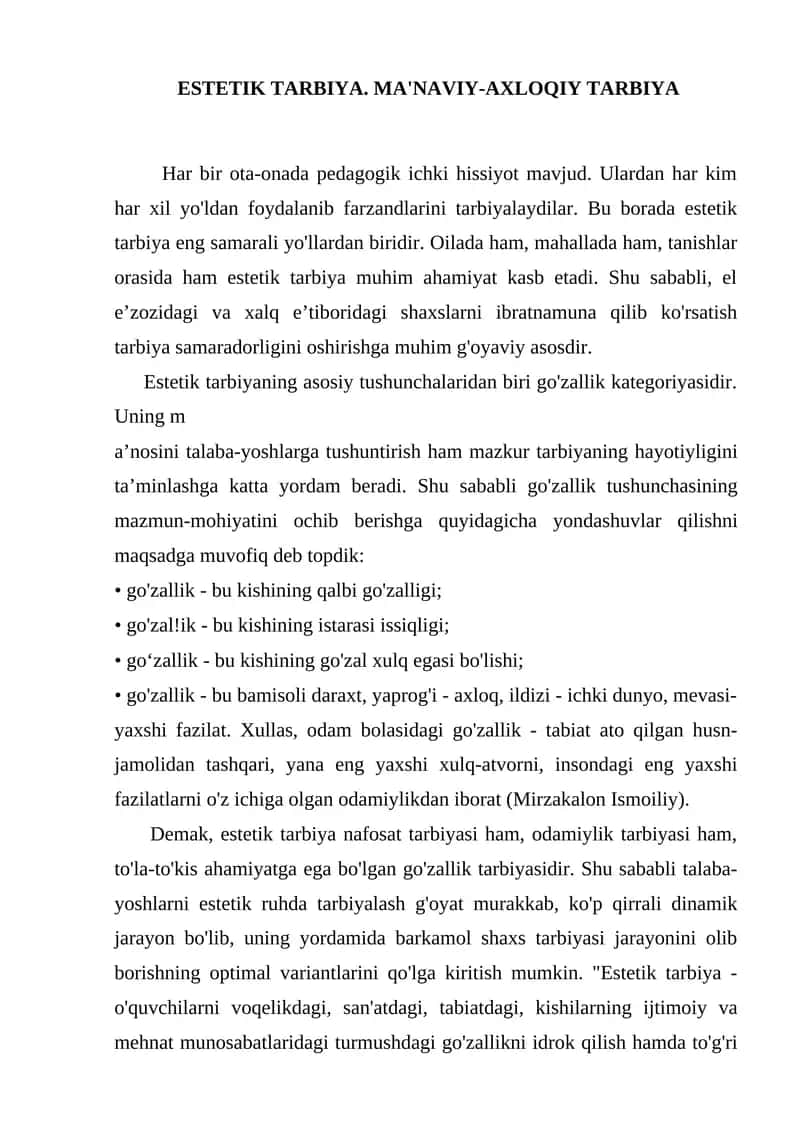 ESTETIK TARBIYA. MA'NAVIY-AXLOQIY TARBIYA 1