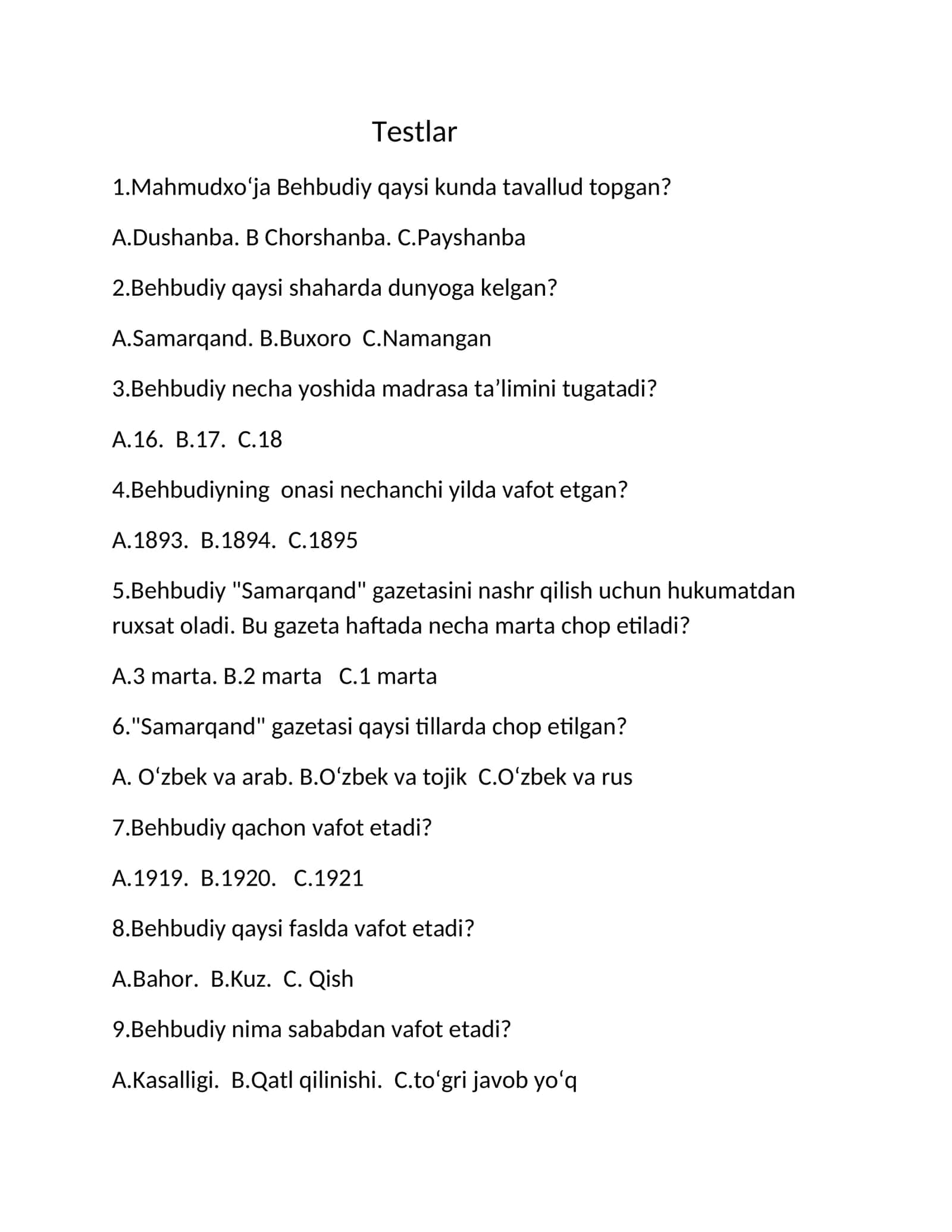 Testlar Behbudiy 1