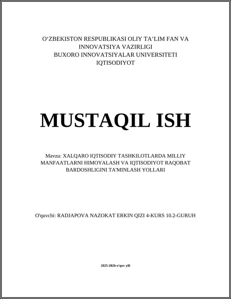 Xalqaro iqtisodiy tashkilotlarda milliy manfaatlarni himoya qilish mexanizmlari va huquqiy kafolatlar 1