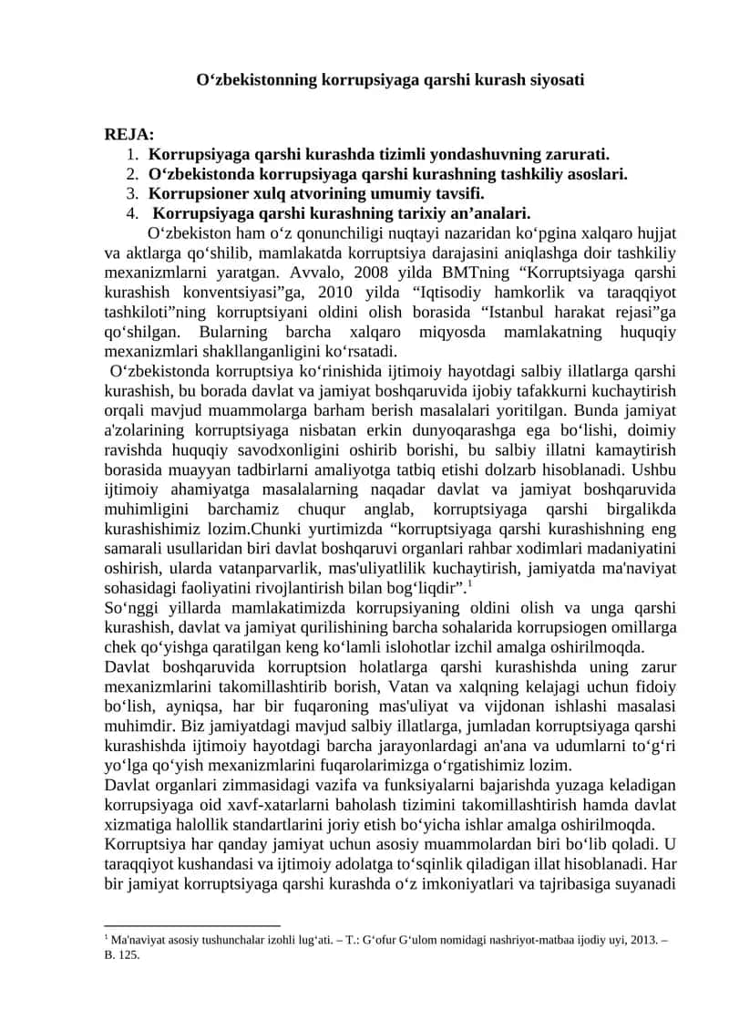 O‘zbekistonning korrupsiyaga qarshi kurash siyosati 1