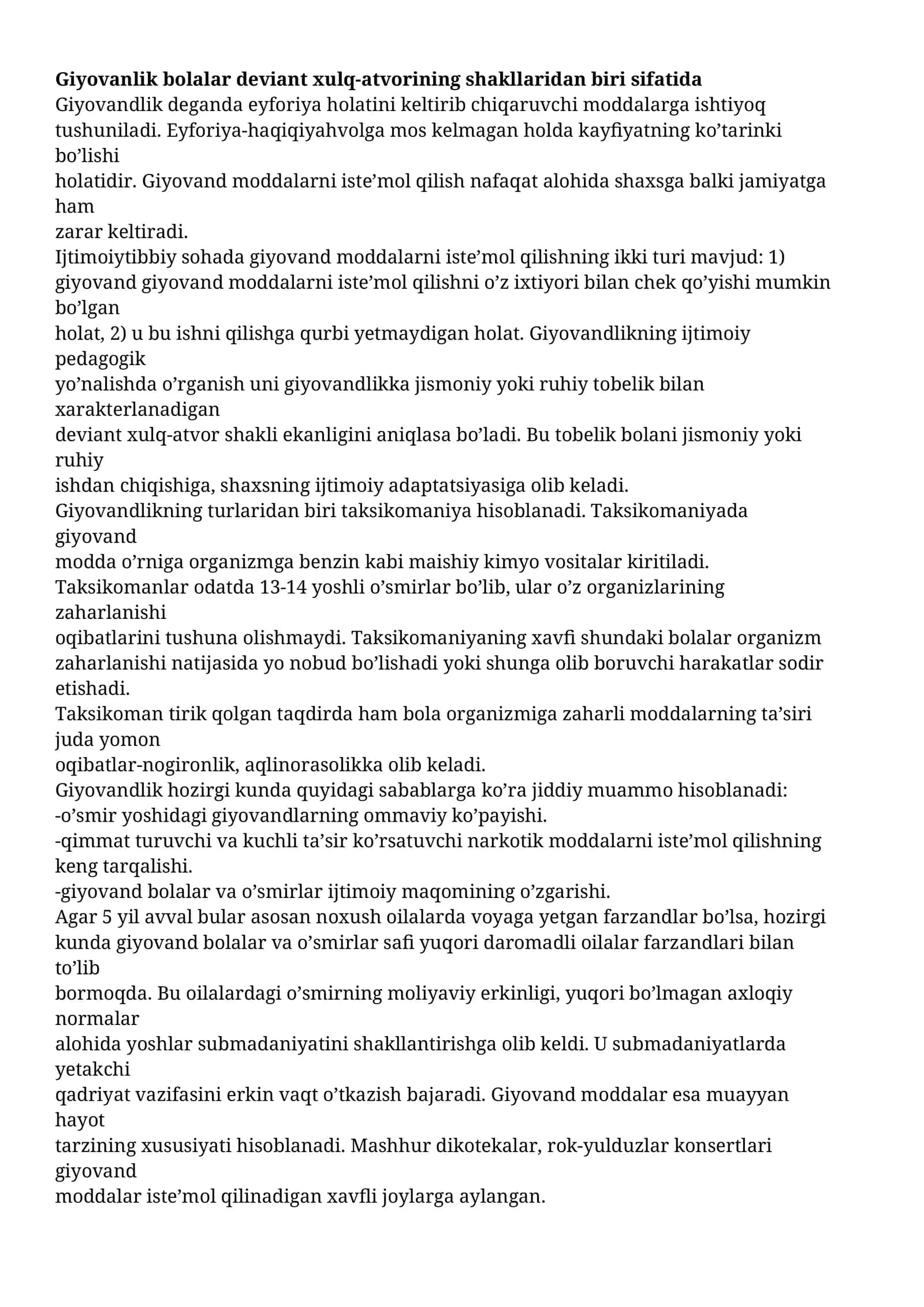 Giyovandlik va ijtimoiy pedagogik muammolari 1