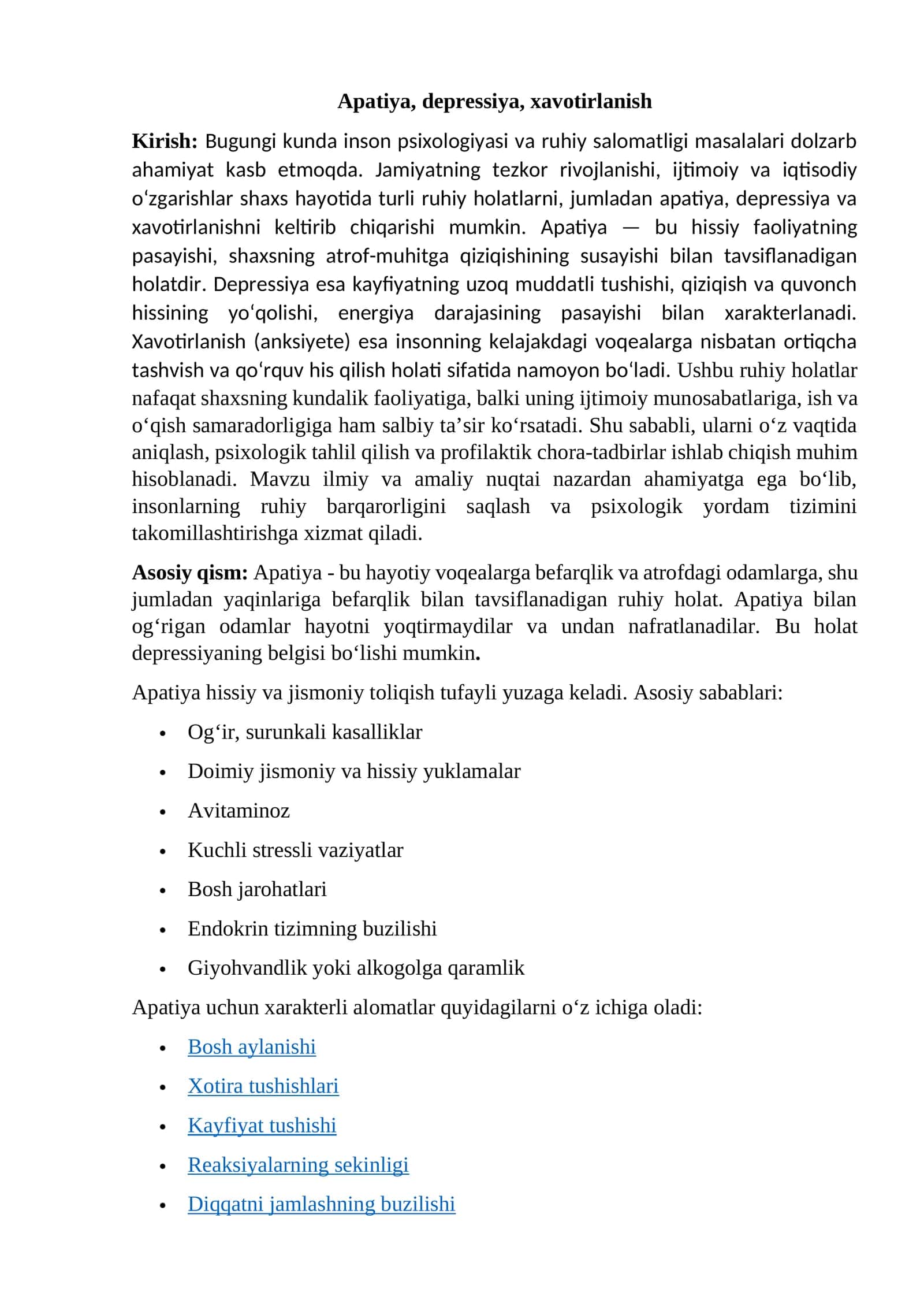Apatiya, depressiya, xavotirlanish 1