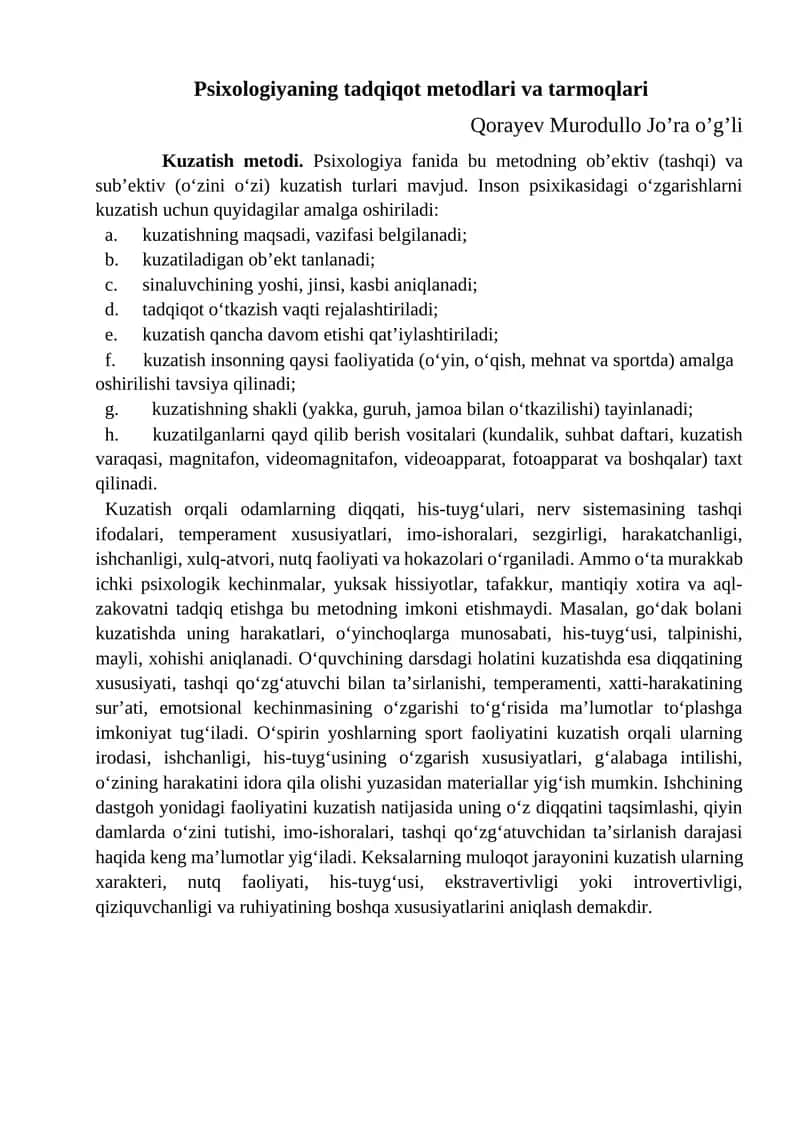 Psixologiyaning tadqiqot metodlari va tarmoqlari 1