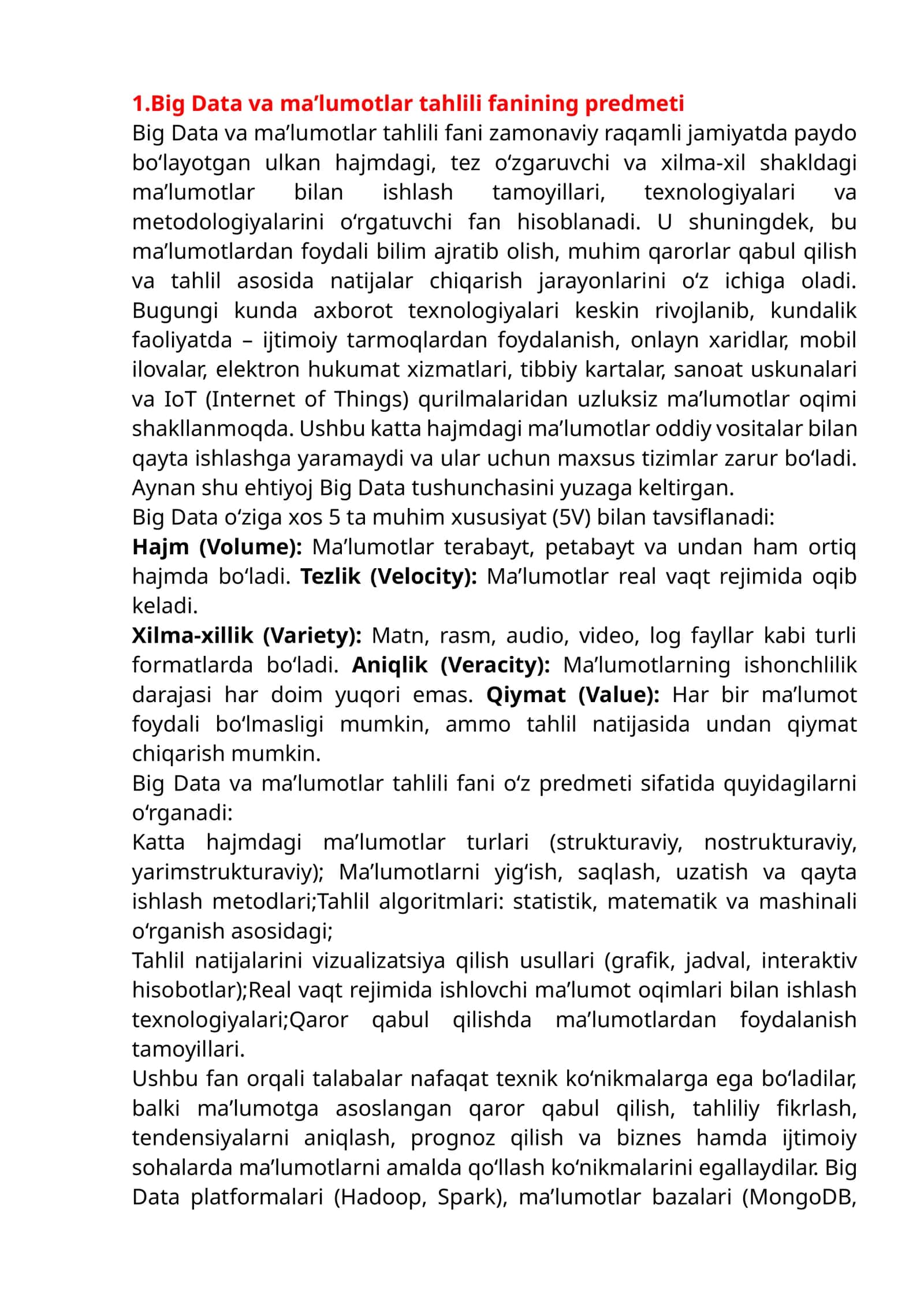 Big data va ma'lumotlar bazasi 1