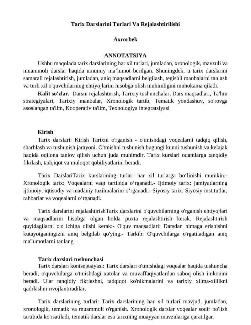 Tarix Darslarini Turlari Va Rejalashtirilishi 1