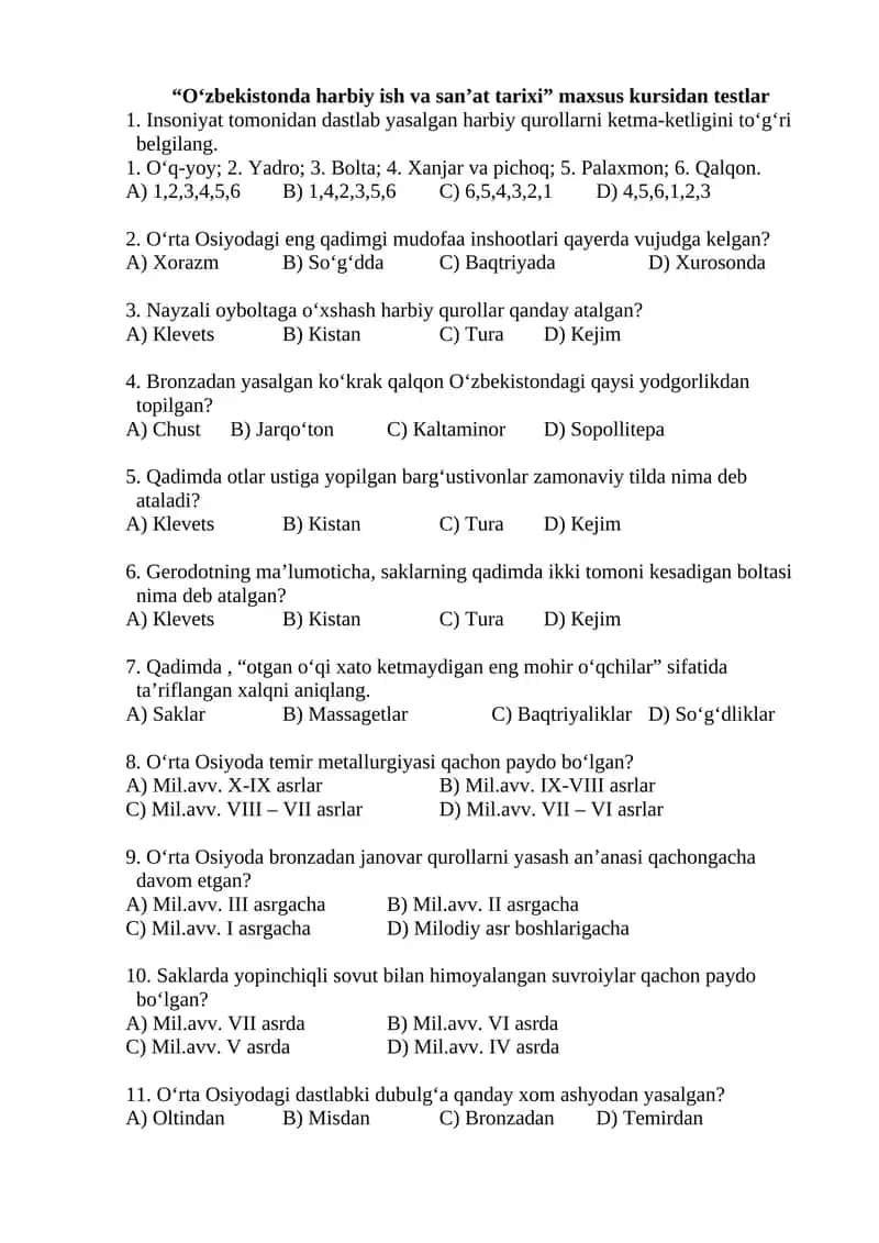 O‘zbеkistоndа hаrbiy ish vа sаn’аt tаriхi mахsus kursi 1
