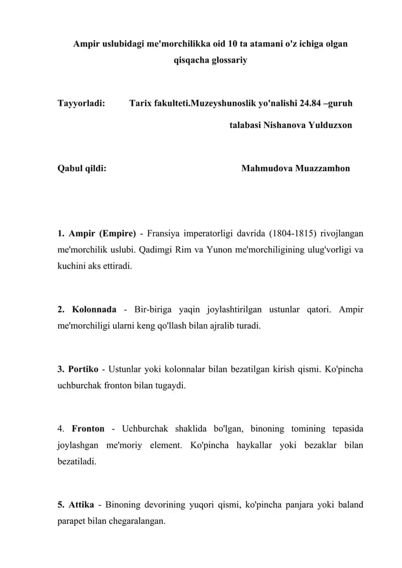 Ampir uslubidagi me'morchilikka oid 10 ta atamani o'z ichiga olgan qisqacha glossariy 1