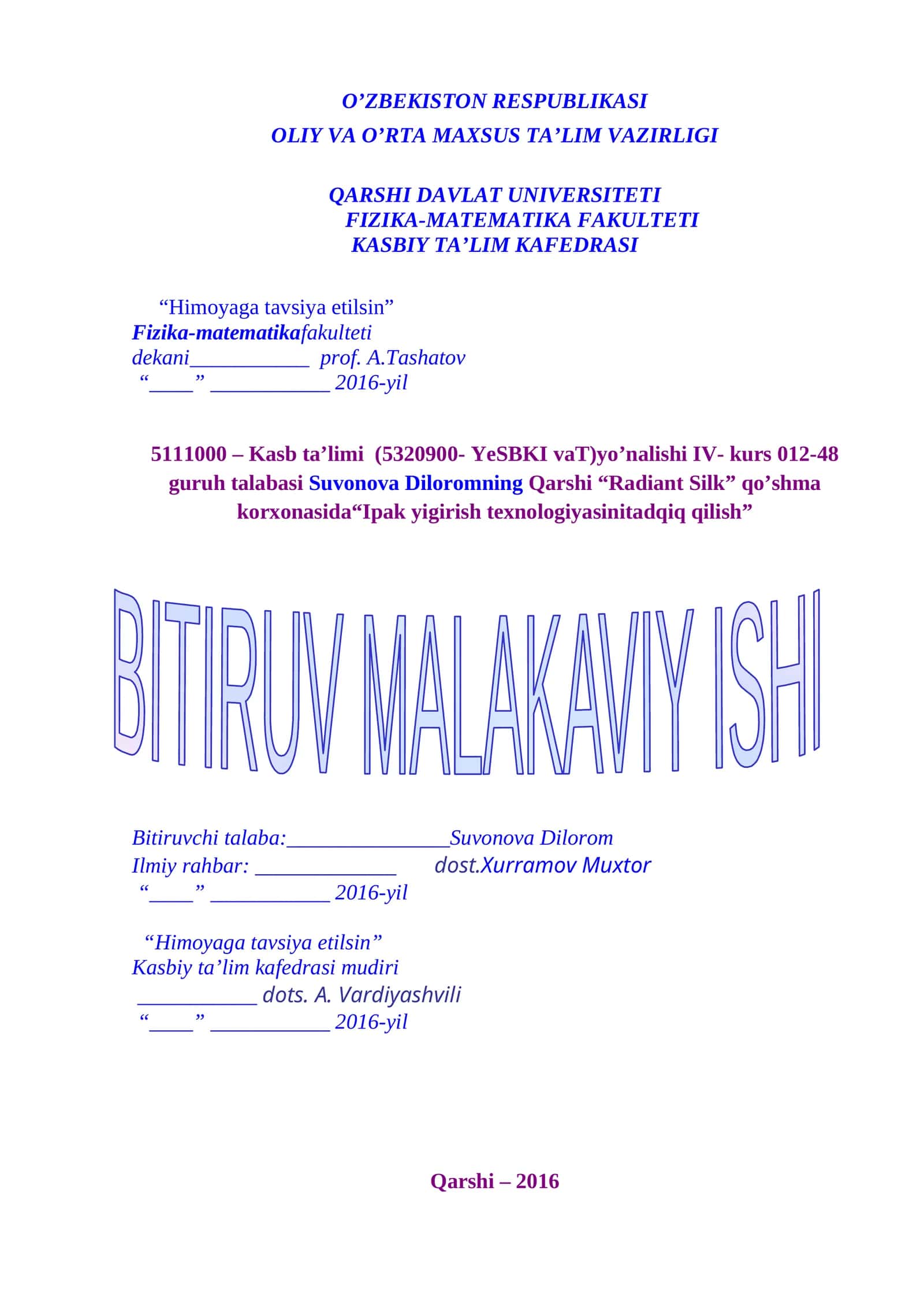 Qarshi “Radiant Silk” qo’shma korxonasida “Ipak yigirish texnologiyasini tadqiq qilish” 1