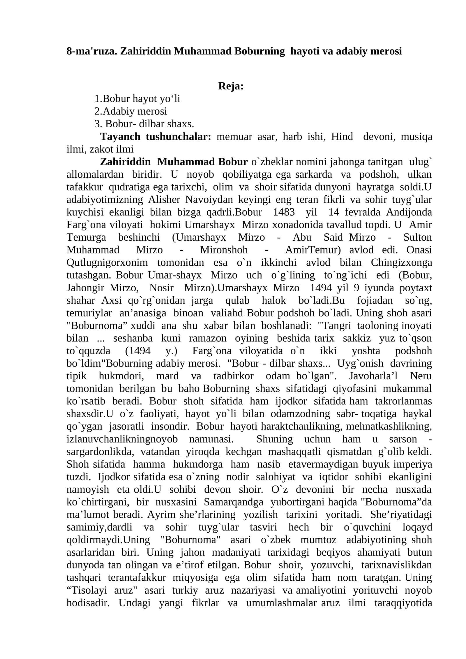 Zahiriddin Muhammad Boburning hayoti va adabiy merosi 1