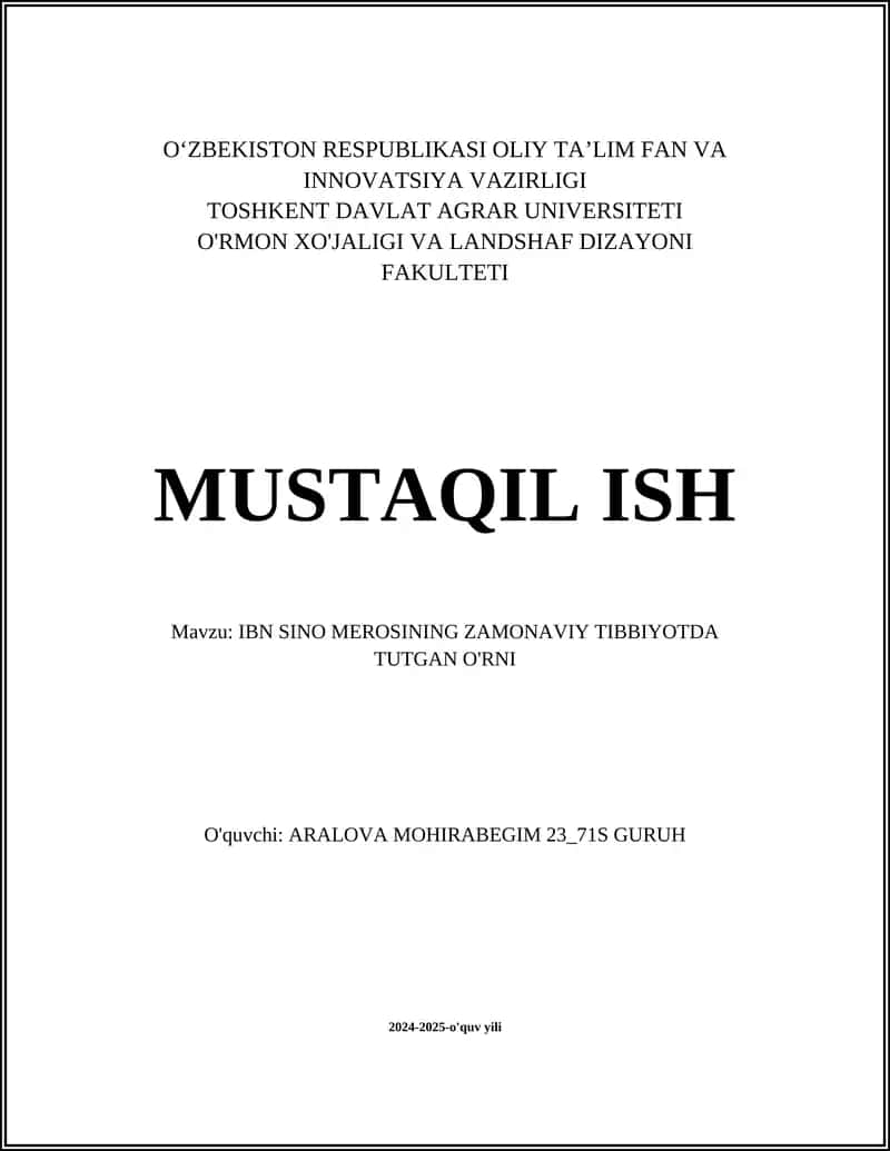 IBN SINO MEROSINING ZAMONAVIY TIBBIYOTDA TUTGAN O'RNI 1