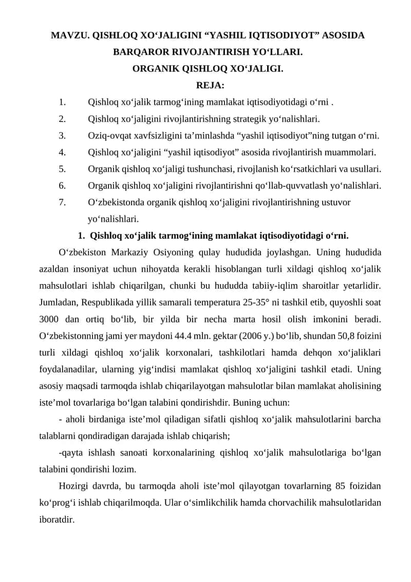 QISHLOQ XO‘JALIGINI “YASHIL IQTISODIYOT” ASOSIDA BARQAROR RIVOJANTIRISH YO‘LLARI.  ORGANIK QISHLOQ XO‘JALIGI. 1