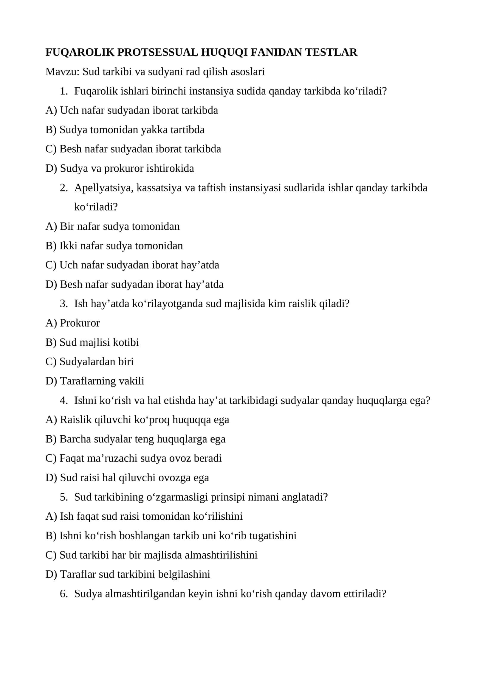 Fuqarolik protsessual huquqi fanidan testlar 1