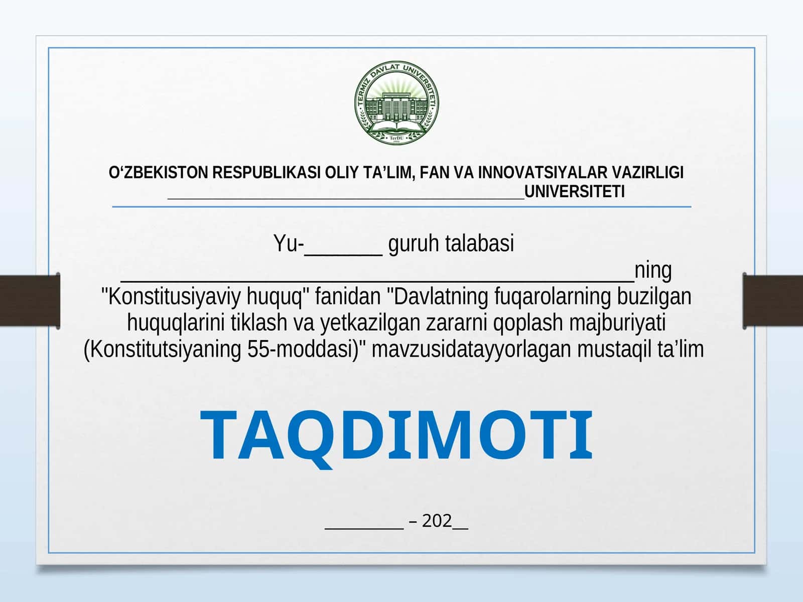 Konstitusiyaviy huquq fanidan Davlatning fuqarolarning buzilgan huquqlarini tiklash 1