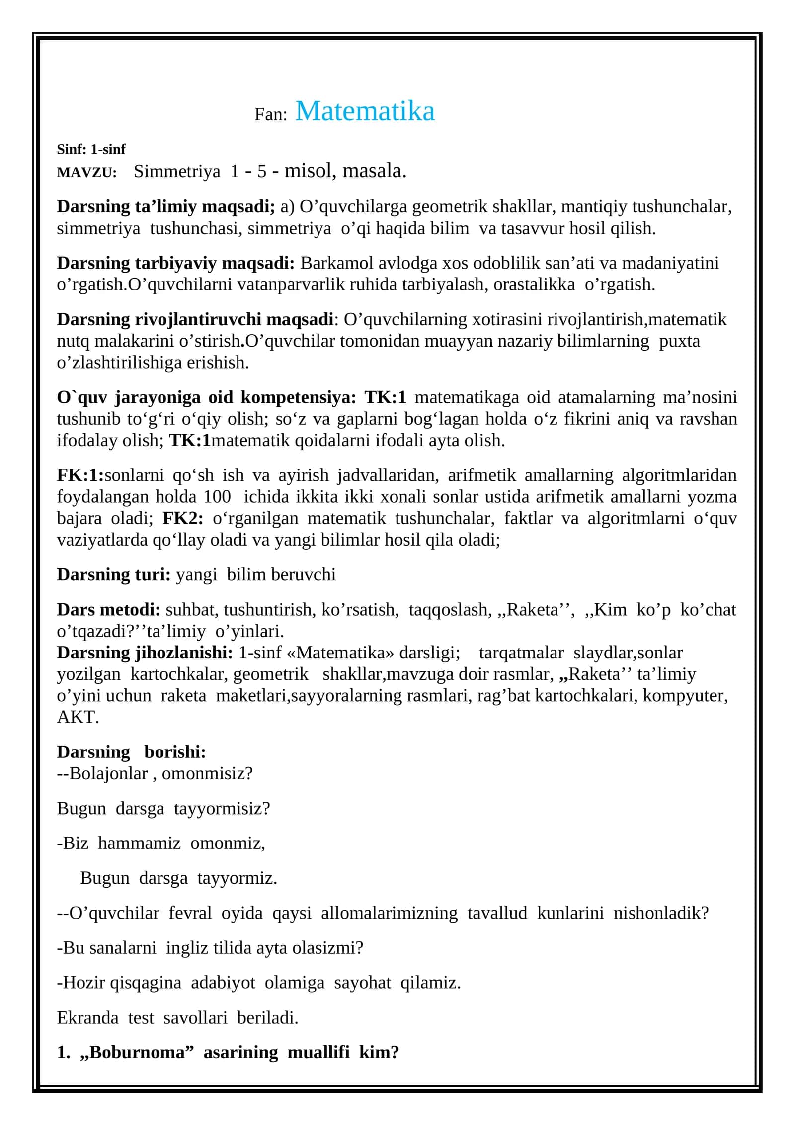 Simmetriya  1 - 5 - misol, masala 1